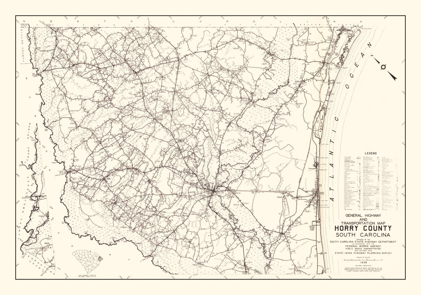 Vintage Map of Horry County, South Carolina 1939