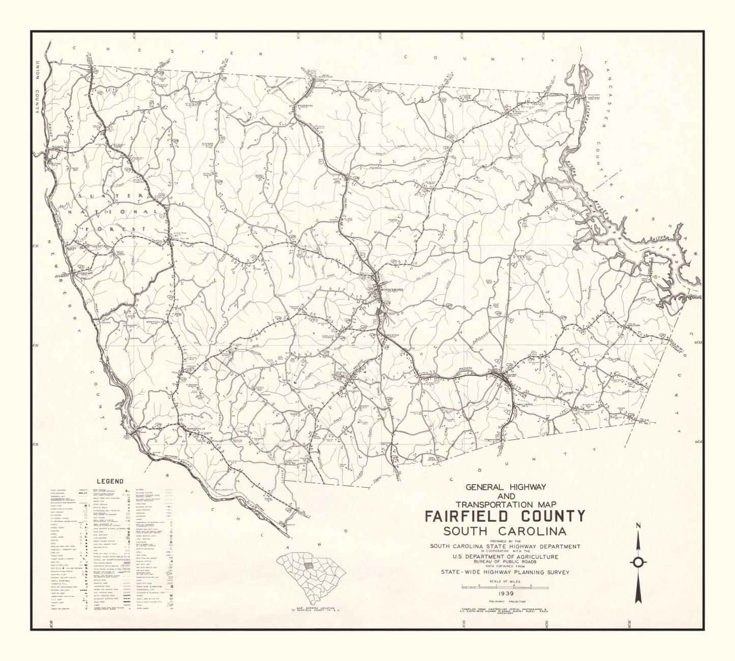 Vintage Map of Fairfield County, South Carolina 1939