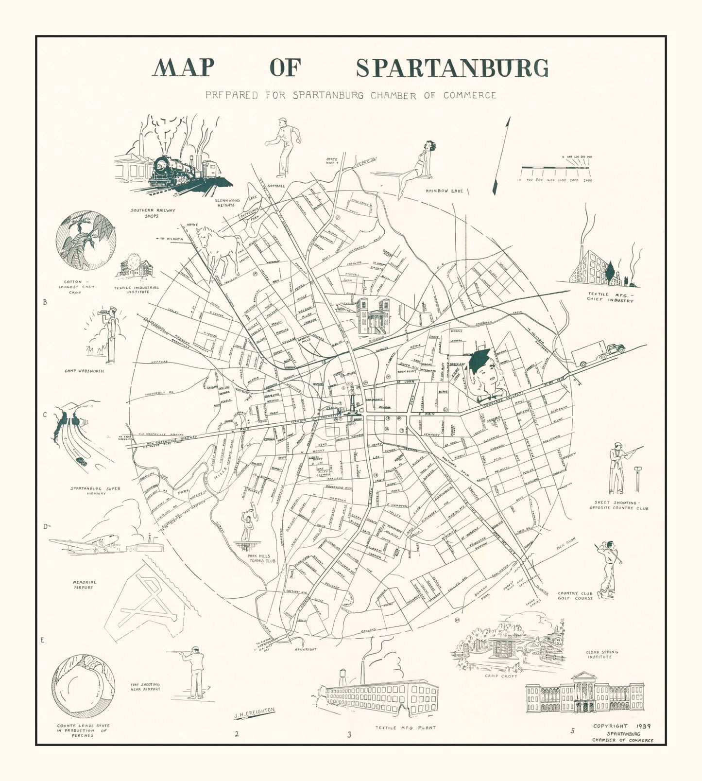 Vintage Map of Spartanburg, South Carolina 1939