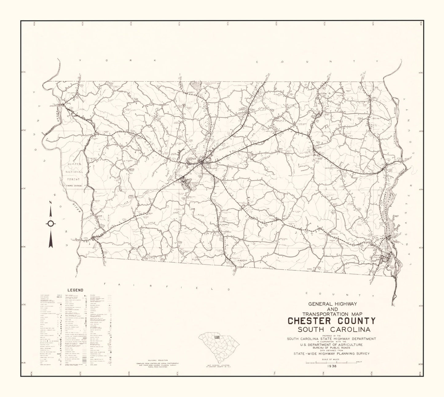 Vintage Map of Chester County, South Carolina 1938