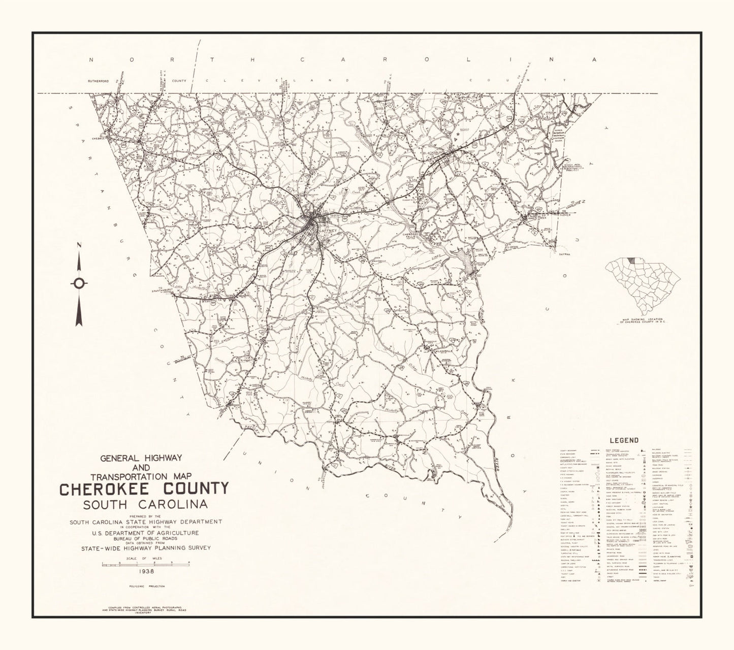 Vintage Map of Cherokee County, South Carolina 1938