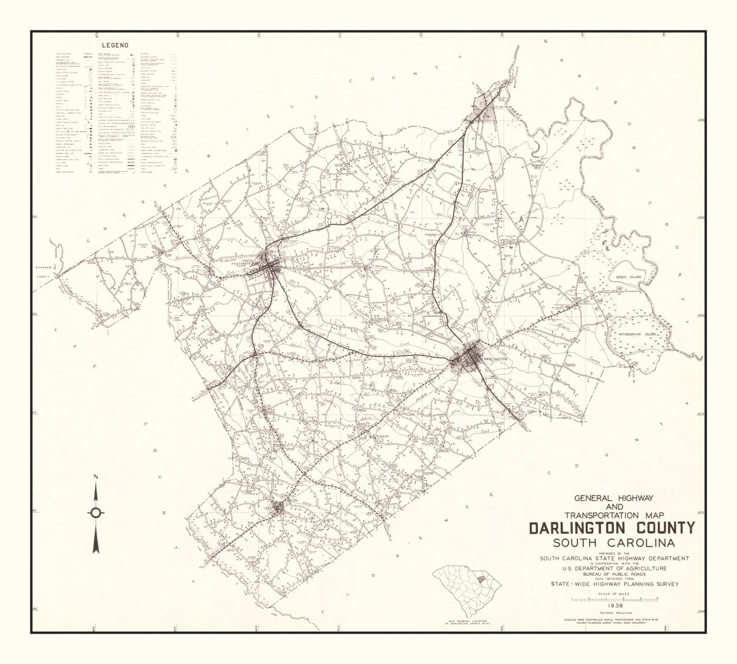 Vintage Map of Darlington County, South Carolina 1938