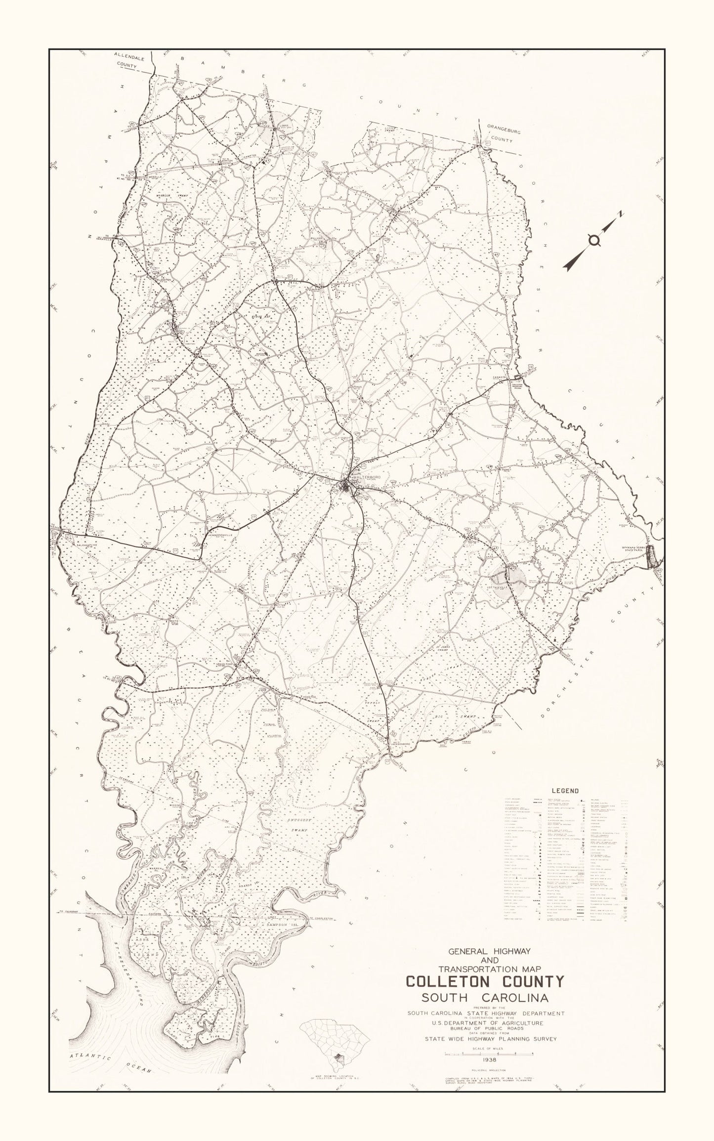 Vintage Map of Colleton County, South Carolina 1938