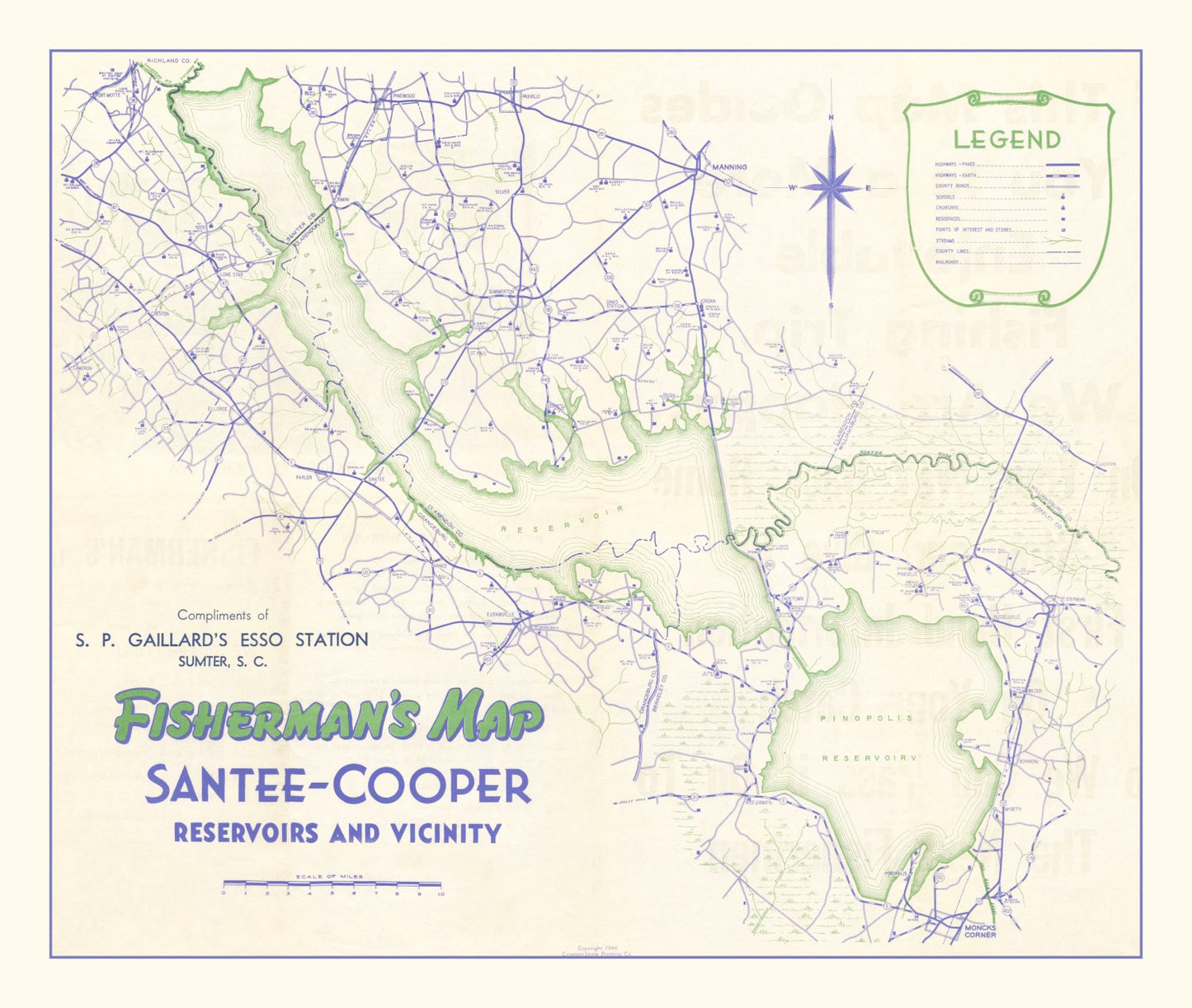 Vintage Fishermans Map of Santee Cooper Reservoir 1944