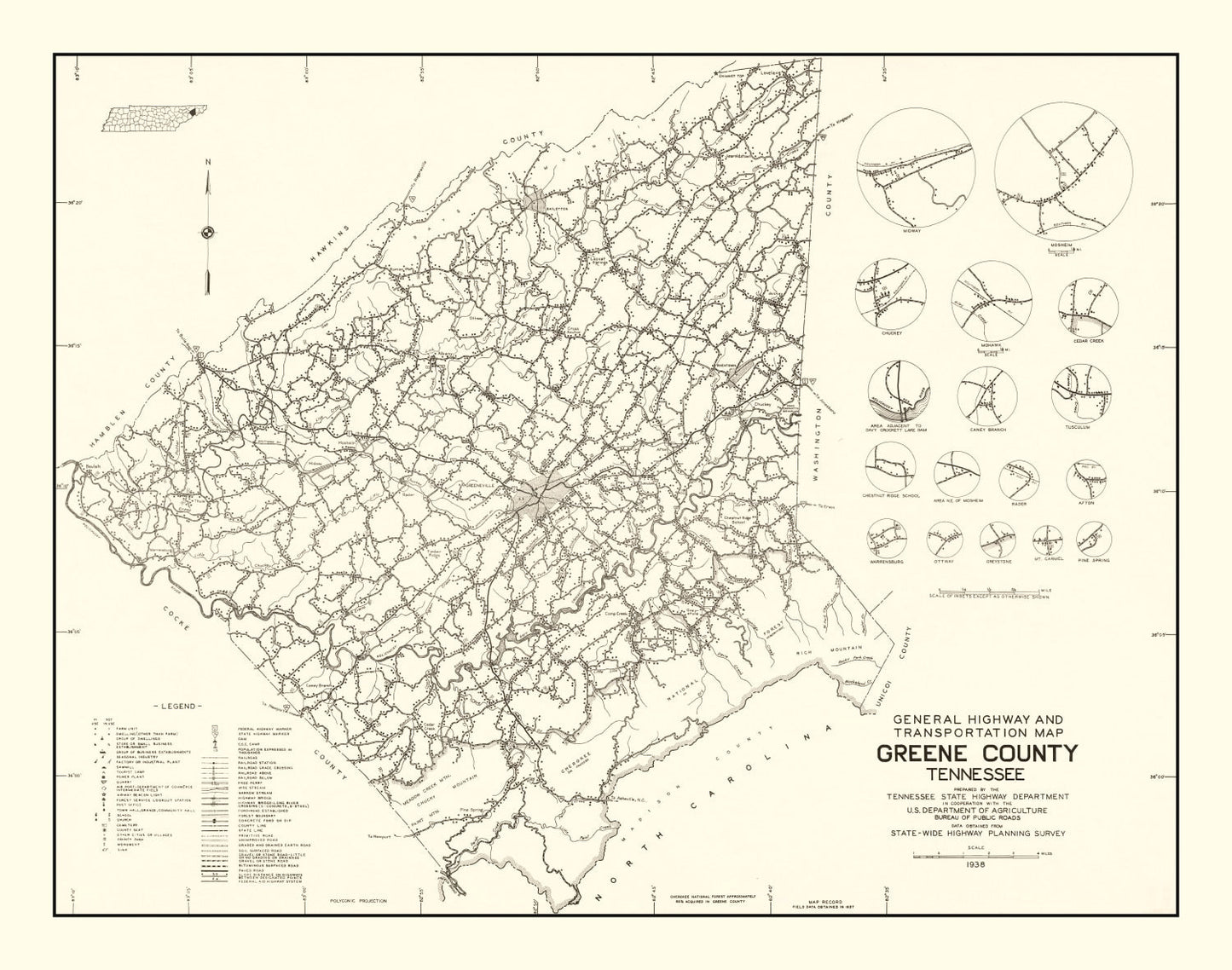 Vintage Map of Greene County, Tennessee 1938