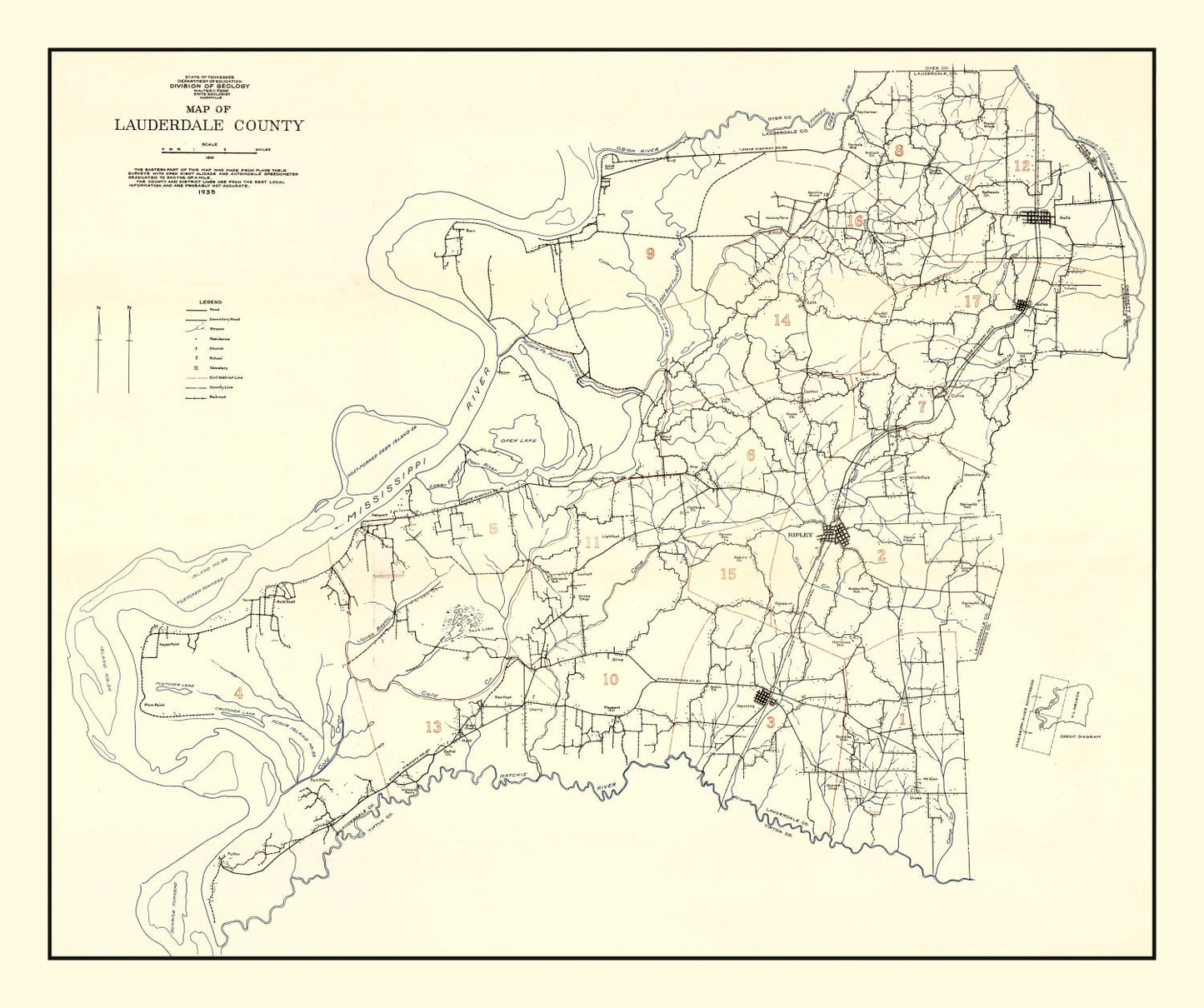 Vintage Map of Lauderdale County, Tennessee 1935
