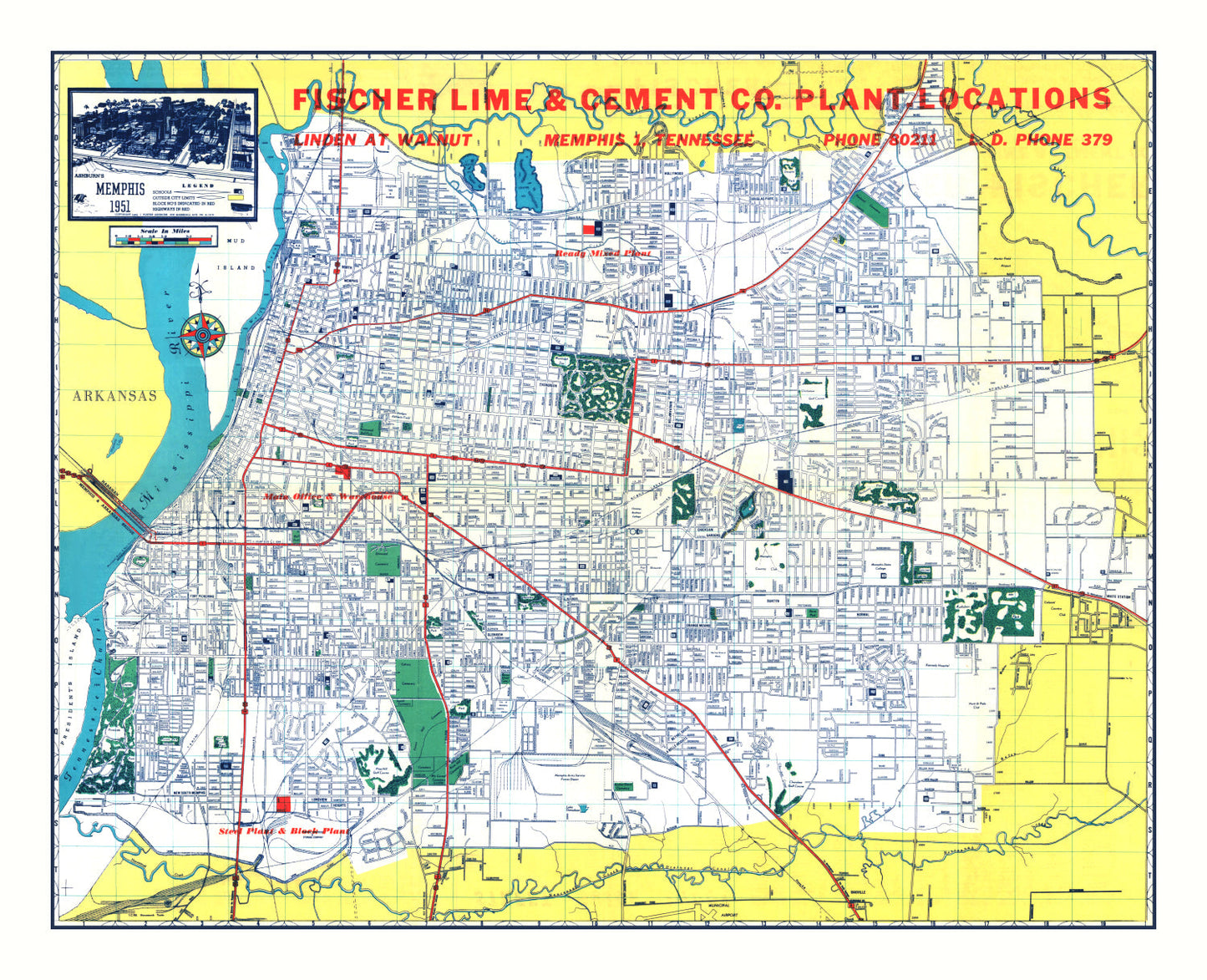 Vintage Map of Memphis, Tennessee 1951