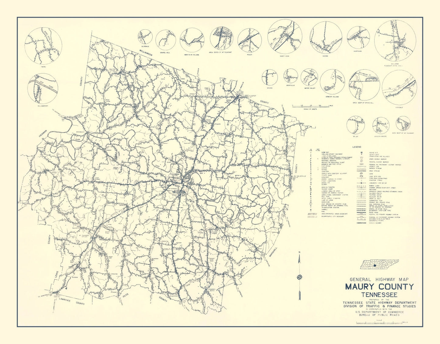 Vintage Map of Maury County, Tennessee 1951