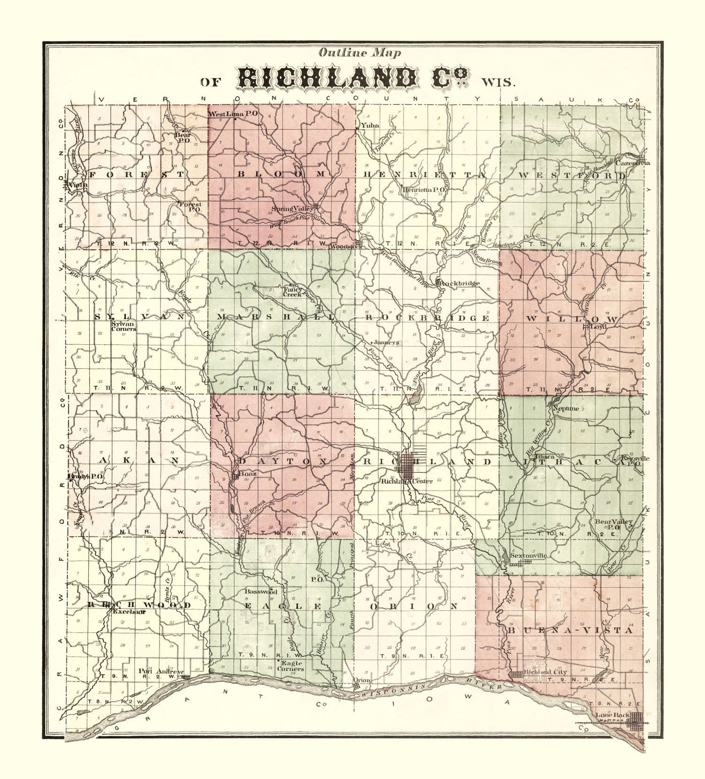 Vintage Map of Richland County, Wisconsin 1874