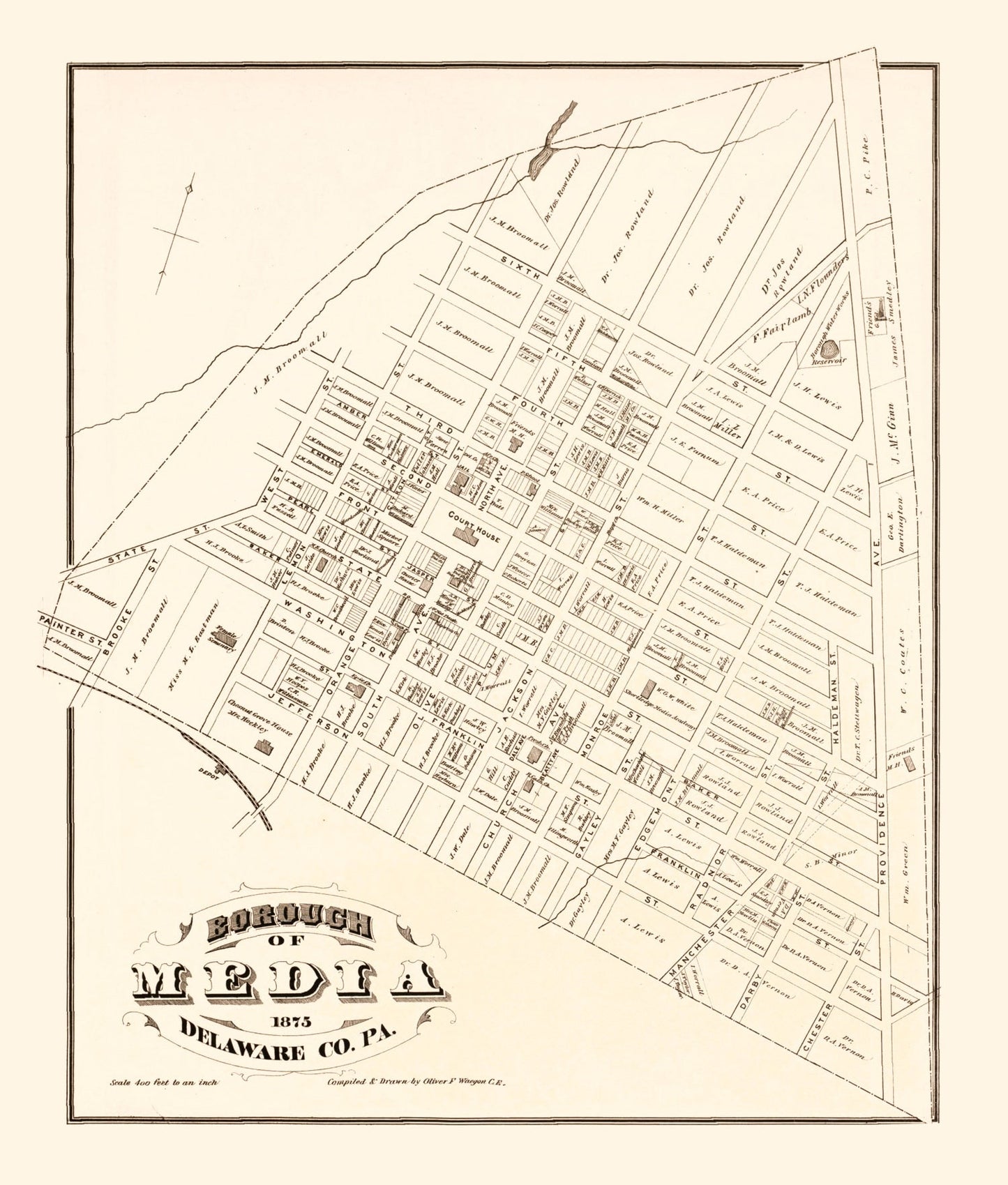 Vintage Map of Media, Pennsylvania 1875