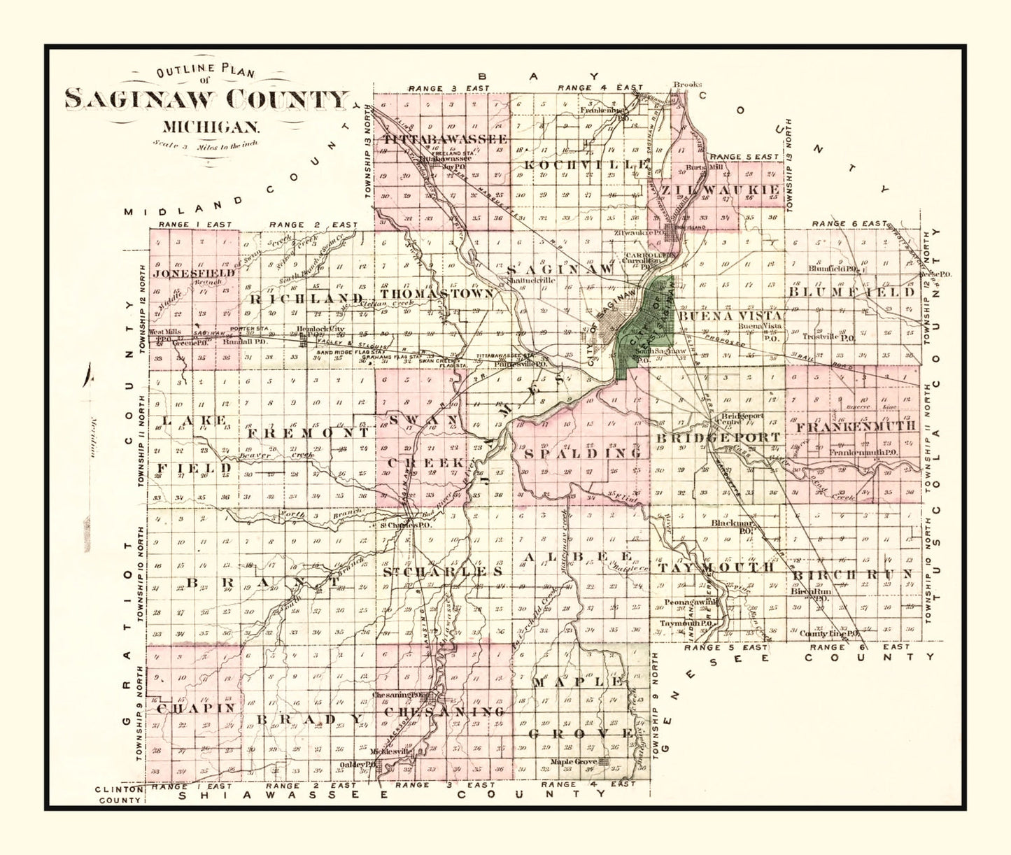 Vintage Map of Saginaw County, Michigan 1877
