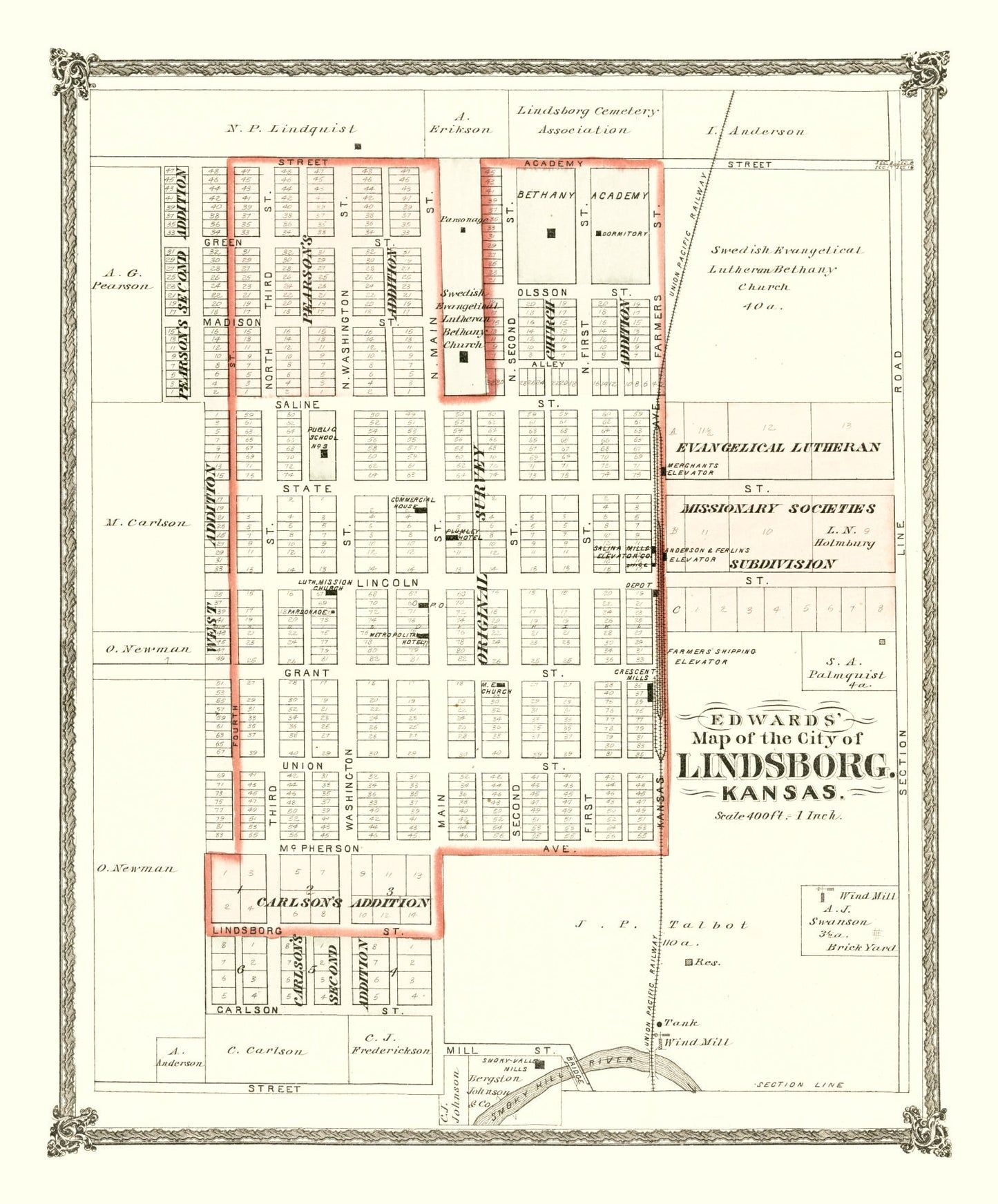 Vintage Map of Lindsborg, Kansas 1884