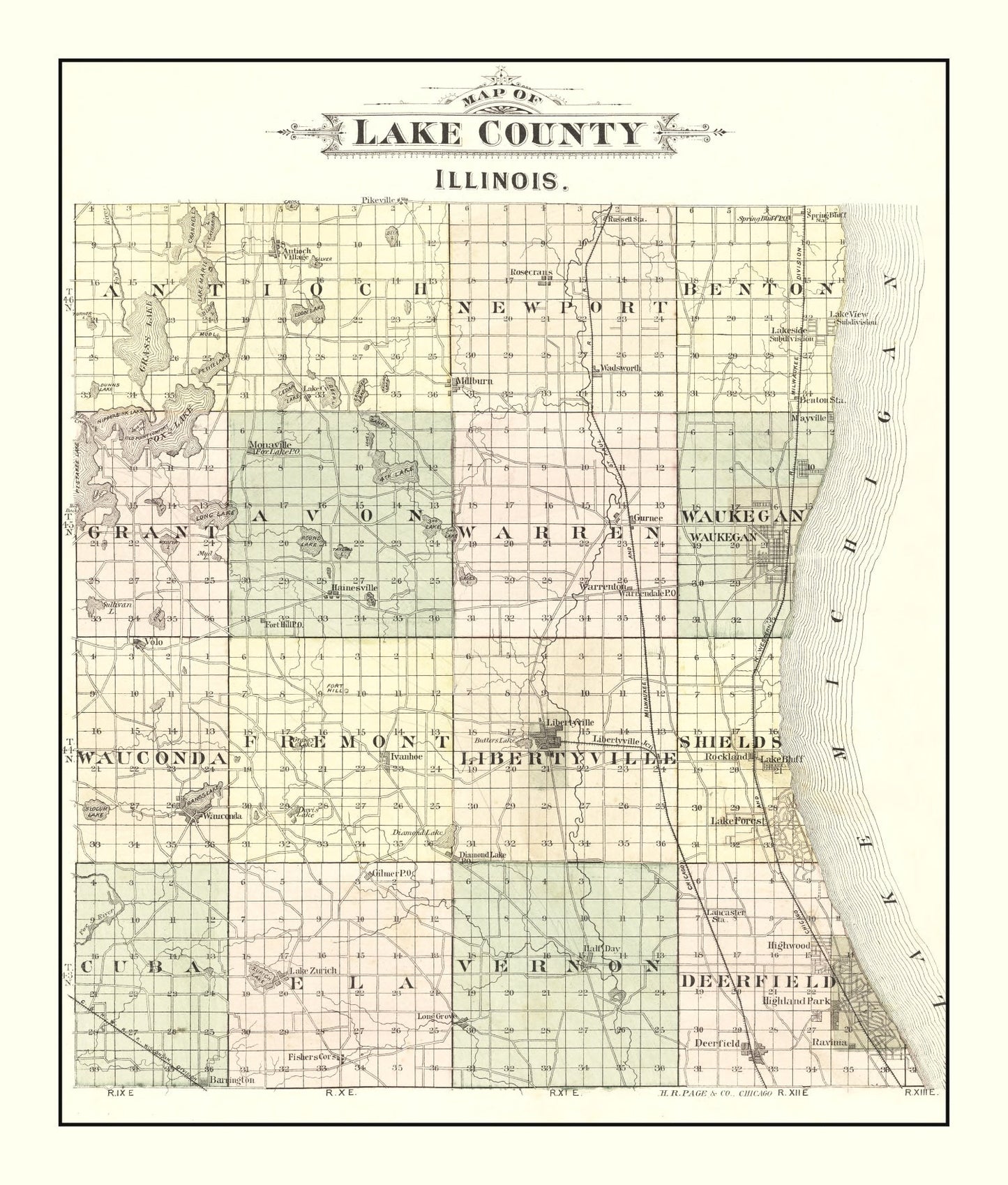 Vintage Map of Lake County, Illinois 1885