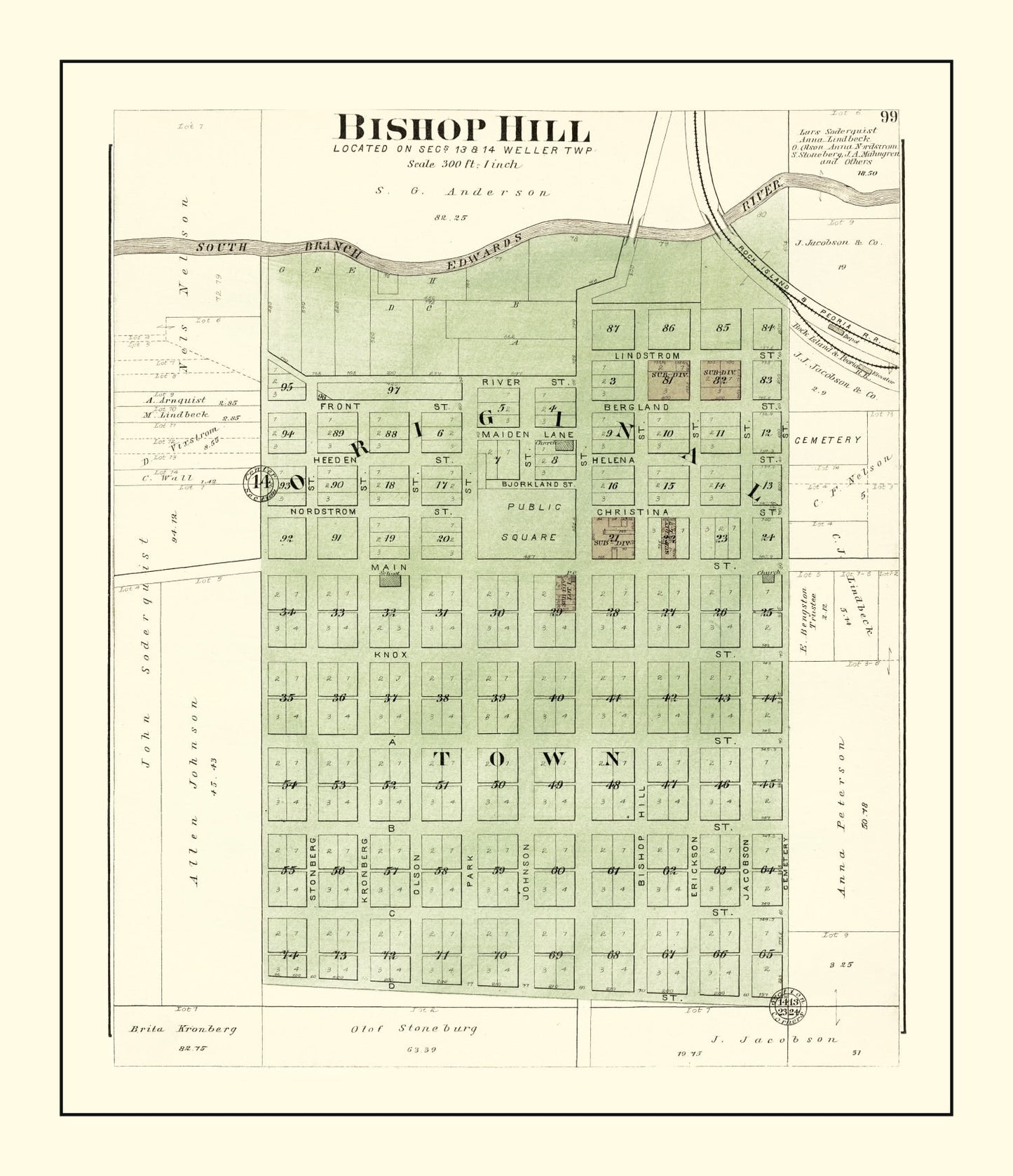 Vintage Map of Bishop Hill, Illinois 1893