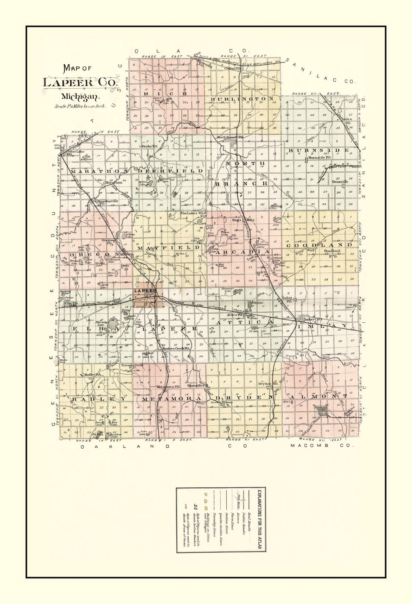 Vintage Map of Lapeer County, Michigan 1893
