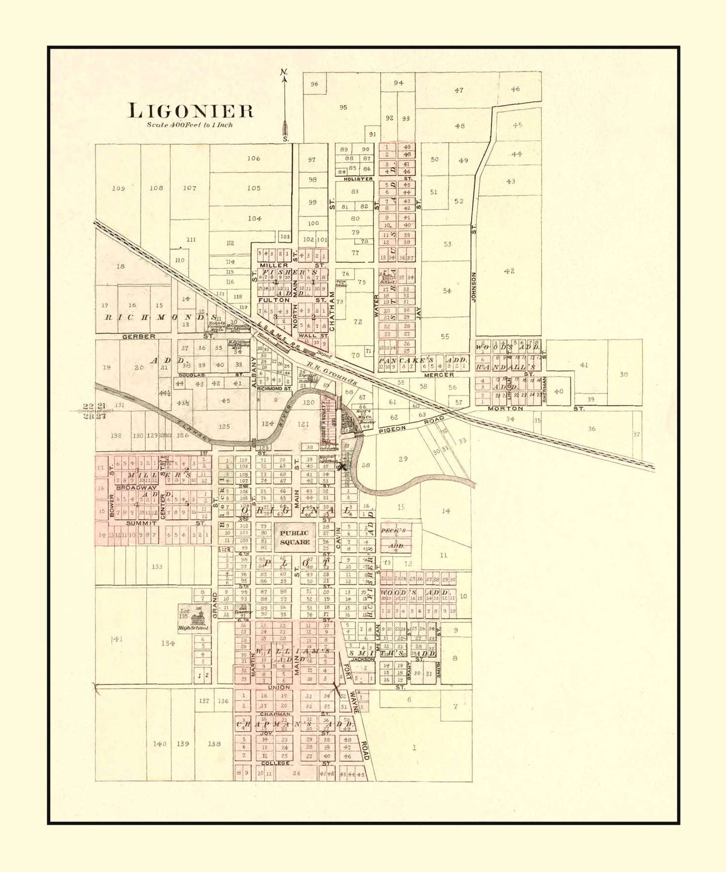 Vintage Map of Ligonier, Indiana 1893