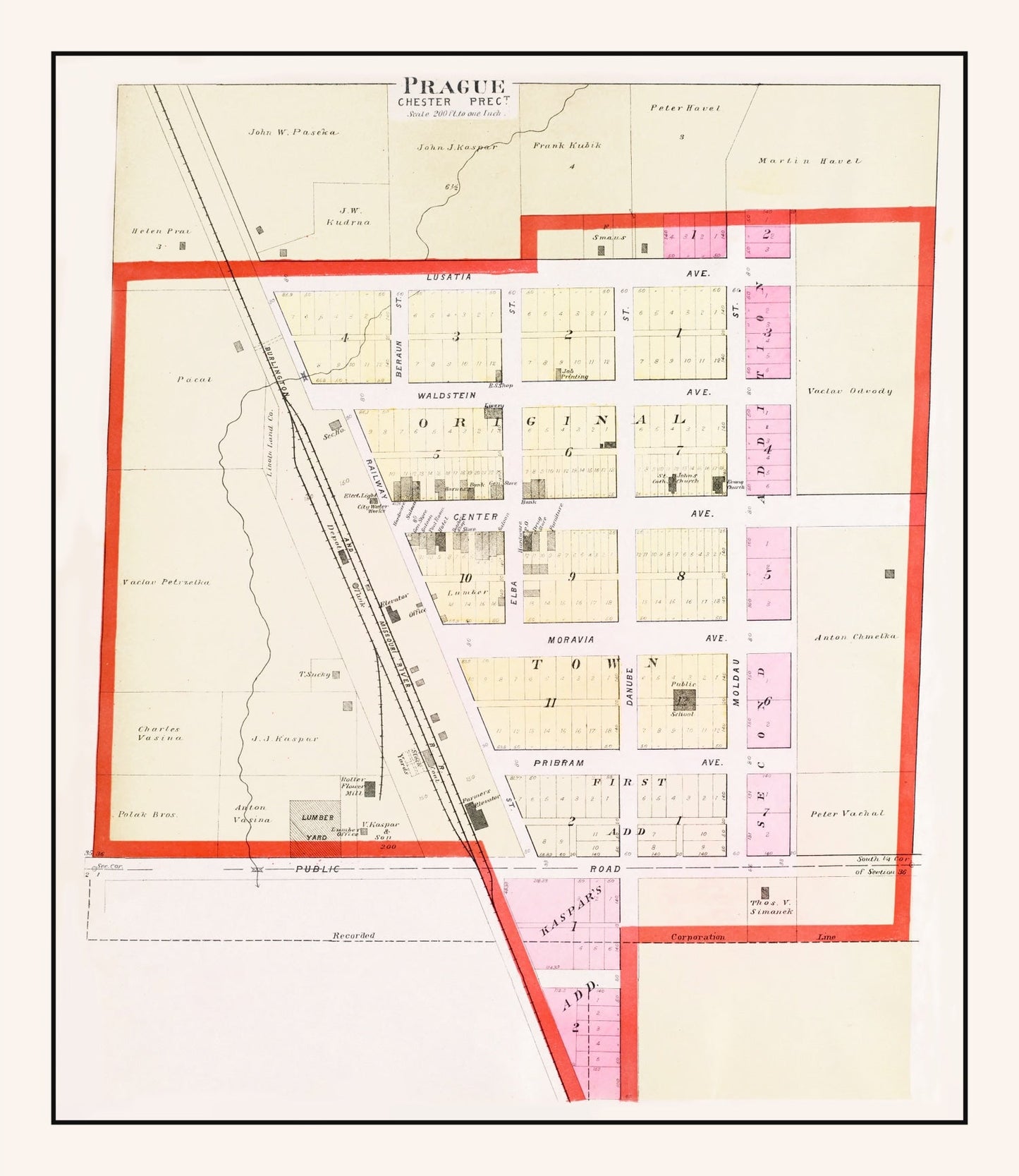 Vintage Map of Prague, Nebraska 1907