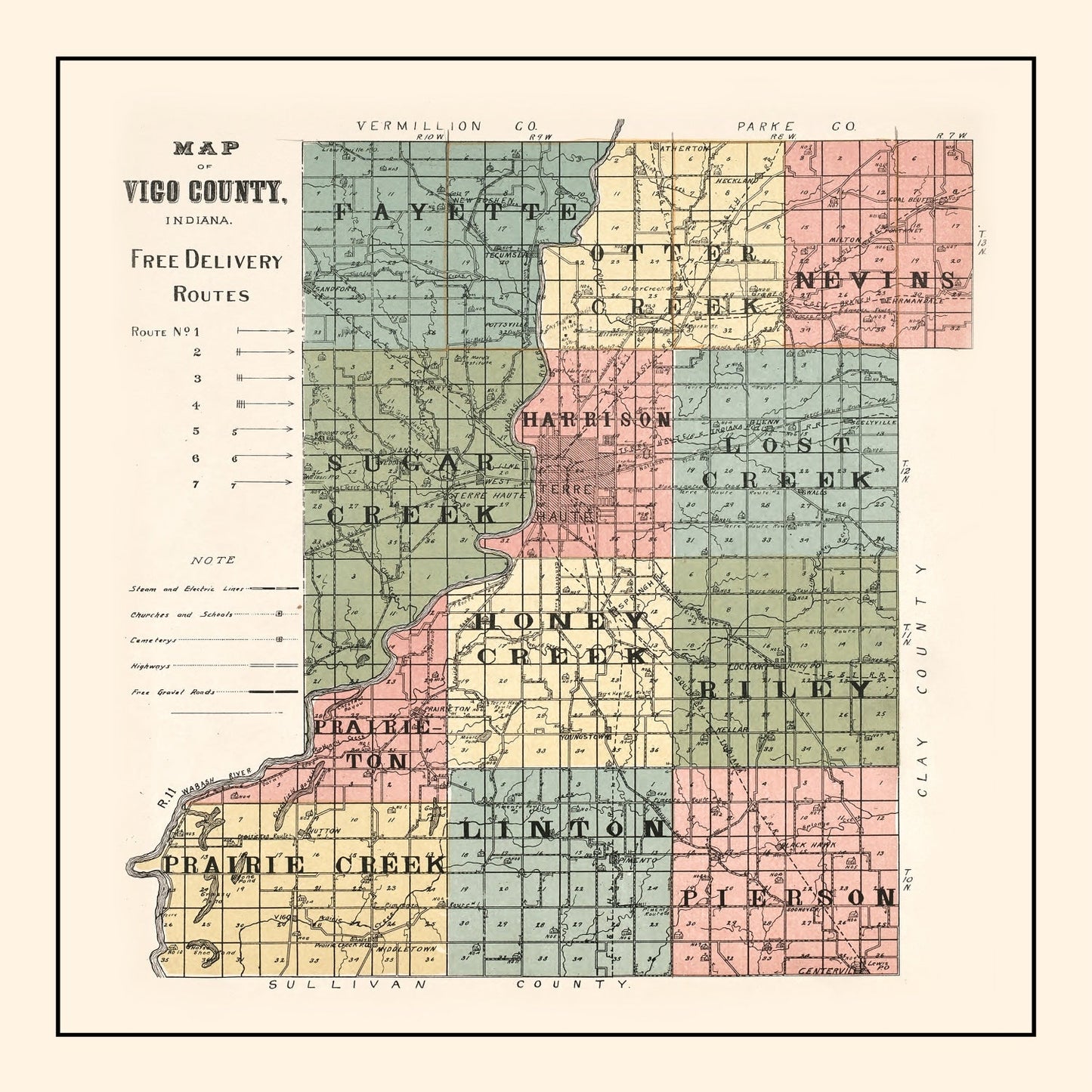 Vintage Map of Vigo County, Indiana 1907