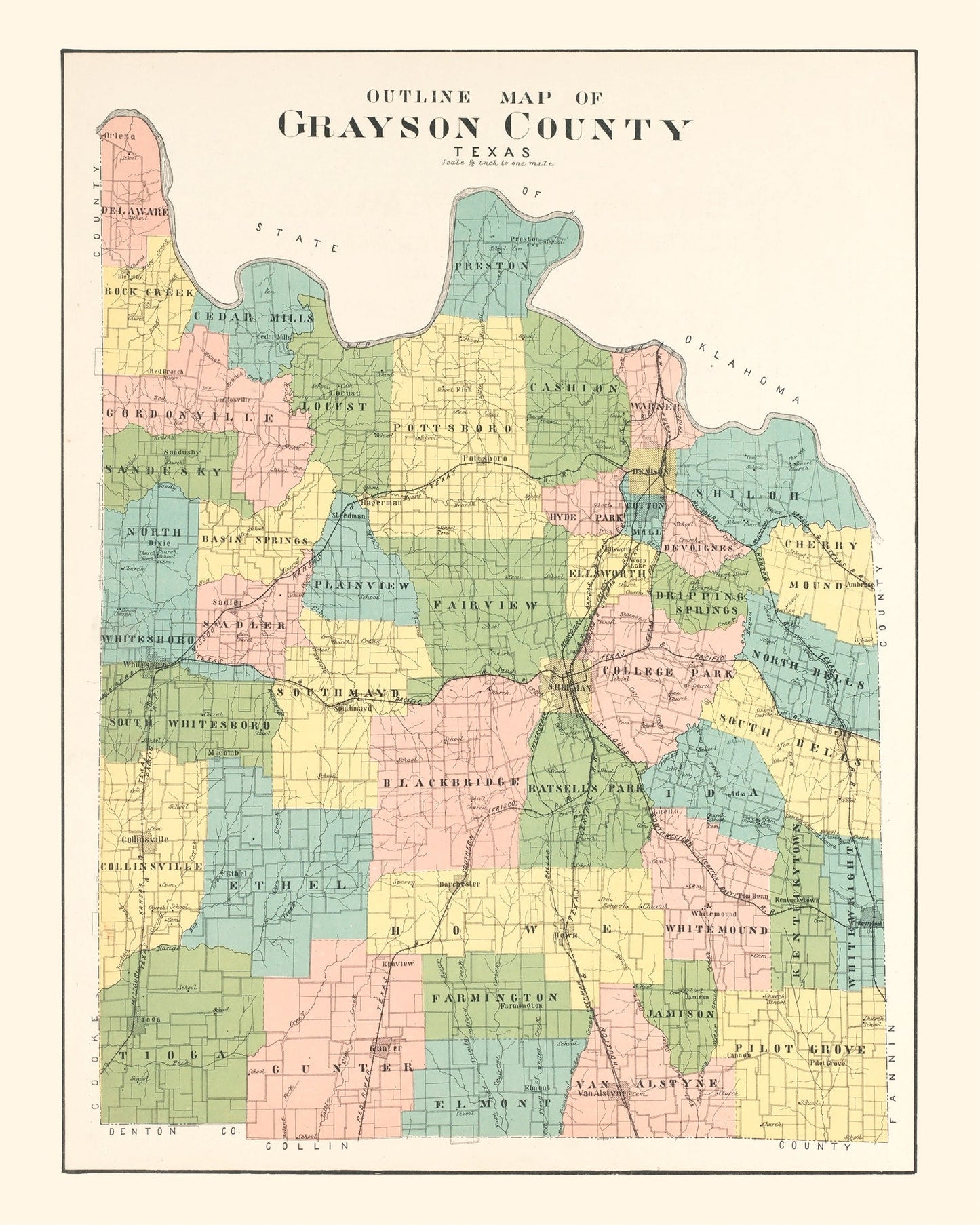 Vintage Map of Grayson County, Texas 1908