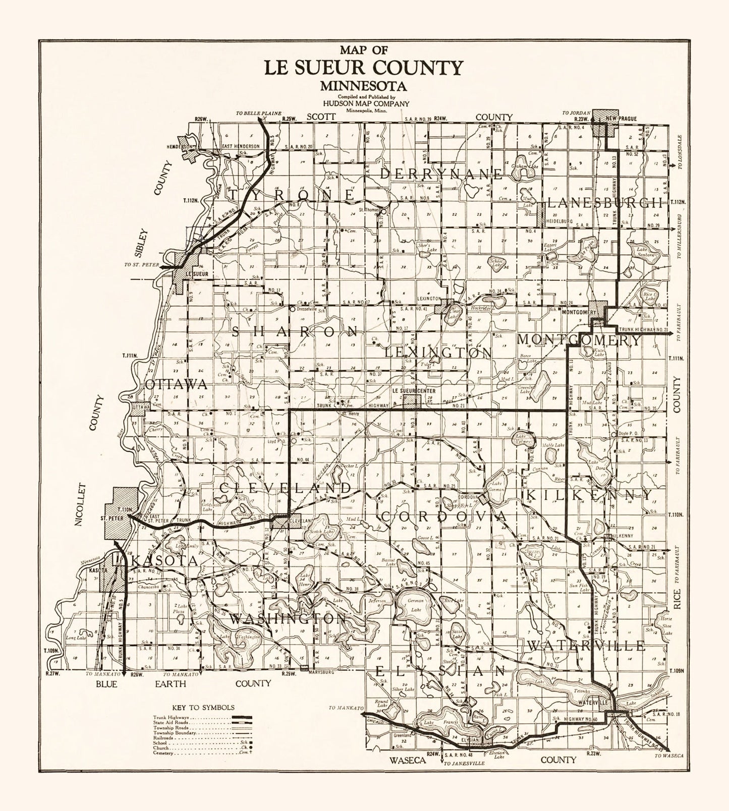 Vintage Map of Le Sueur County, Minnesota 1928