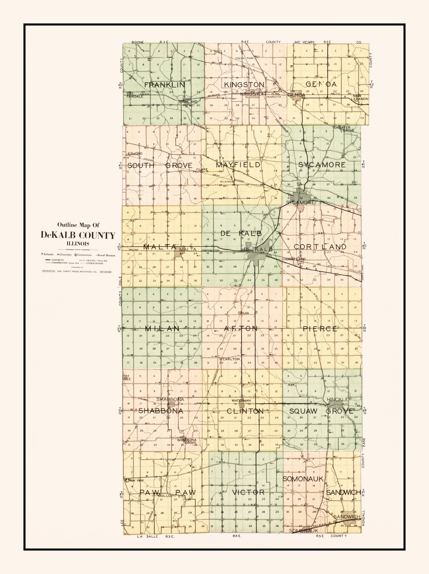 Vintage Map of De Kalb County, Illinois 1929