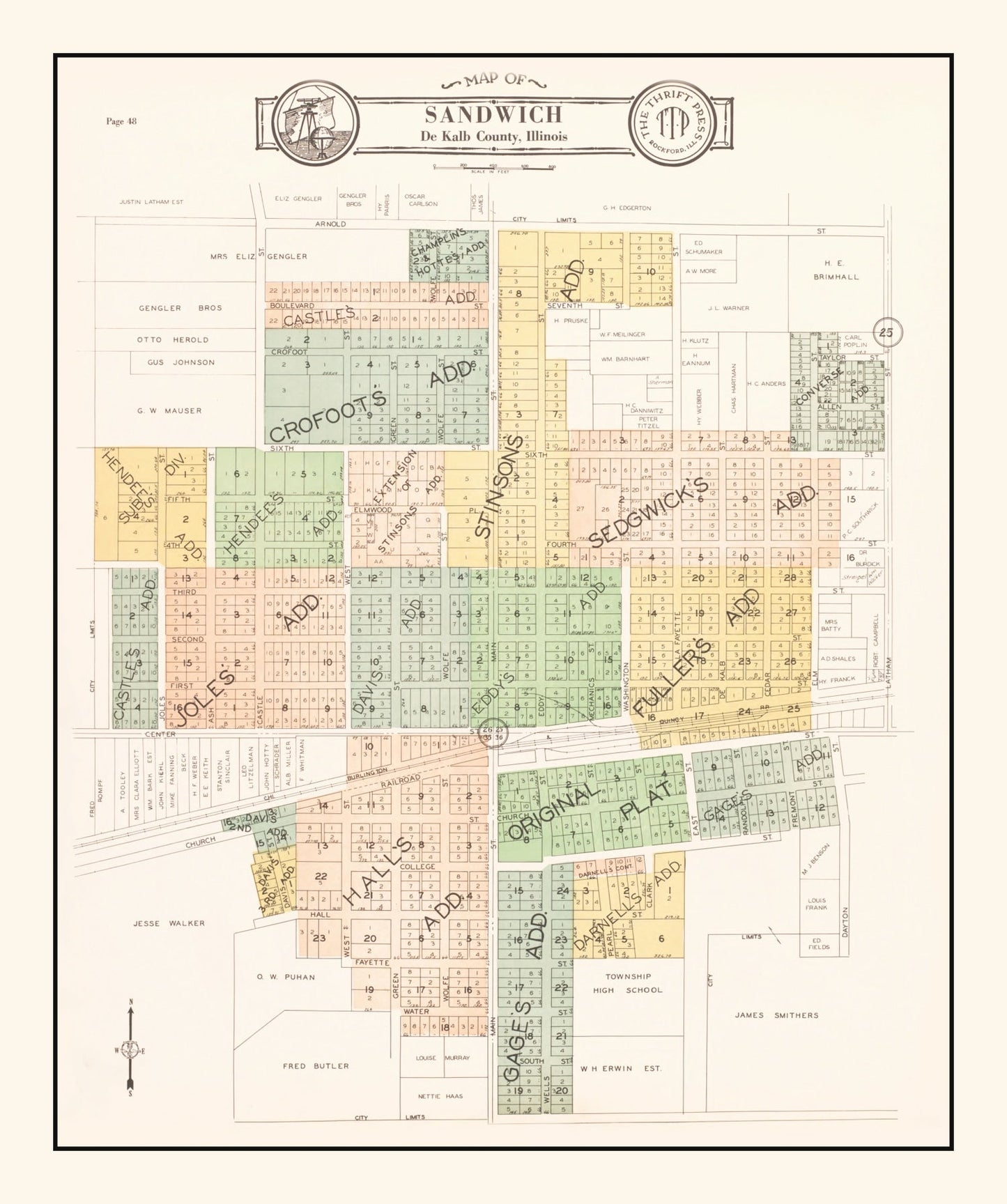 Vintage Map of Sandwich, Illinois 1929