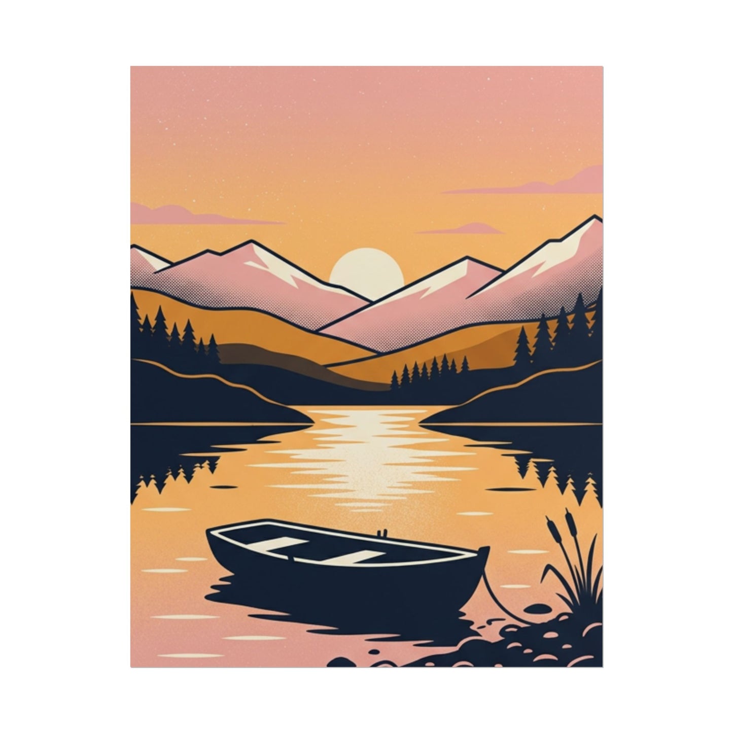 Sunset Lake Boat Poster — Scenic Mountain Landscape Wall Art