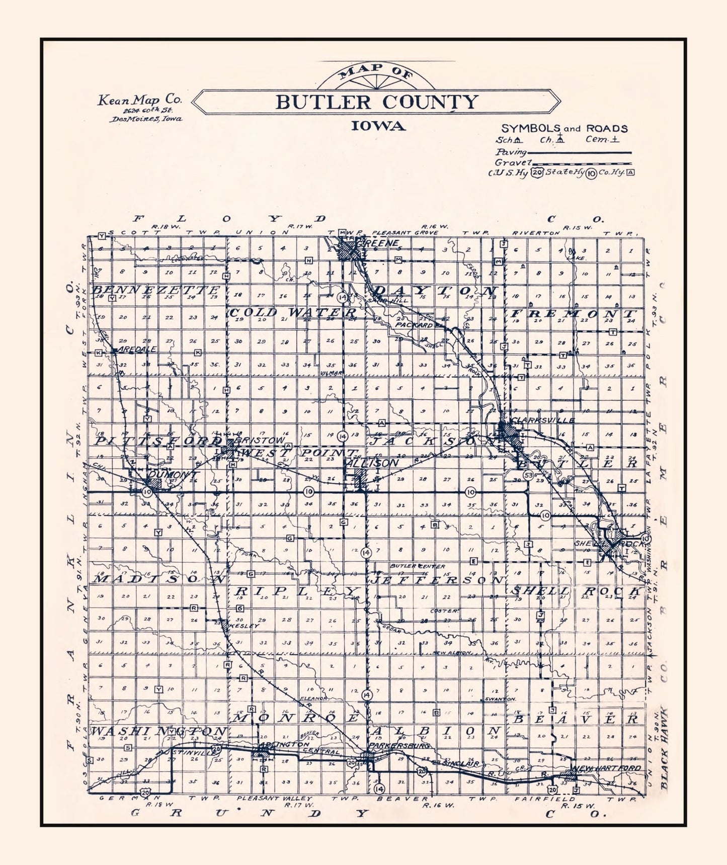 Vintage Map of Butler County, Iowa 1930
