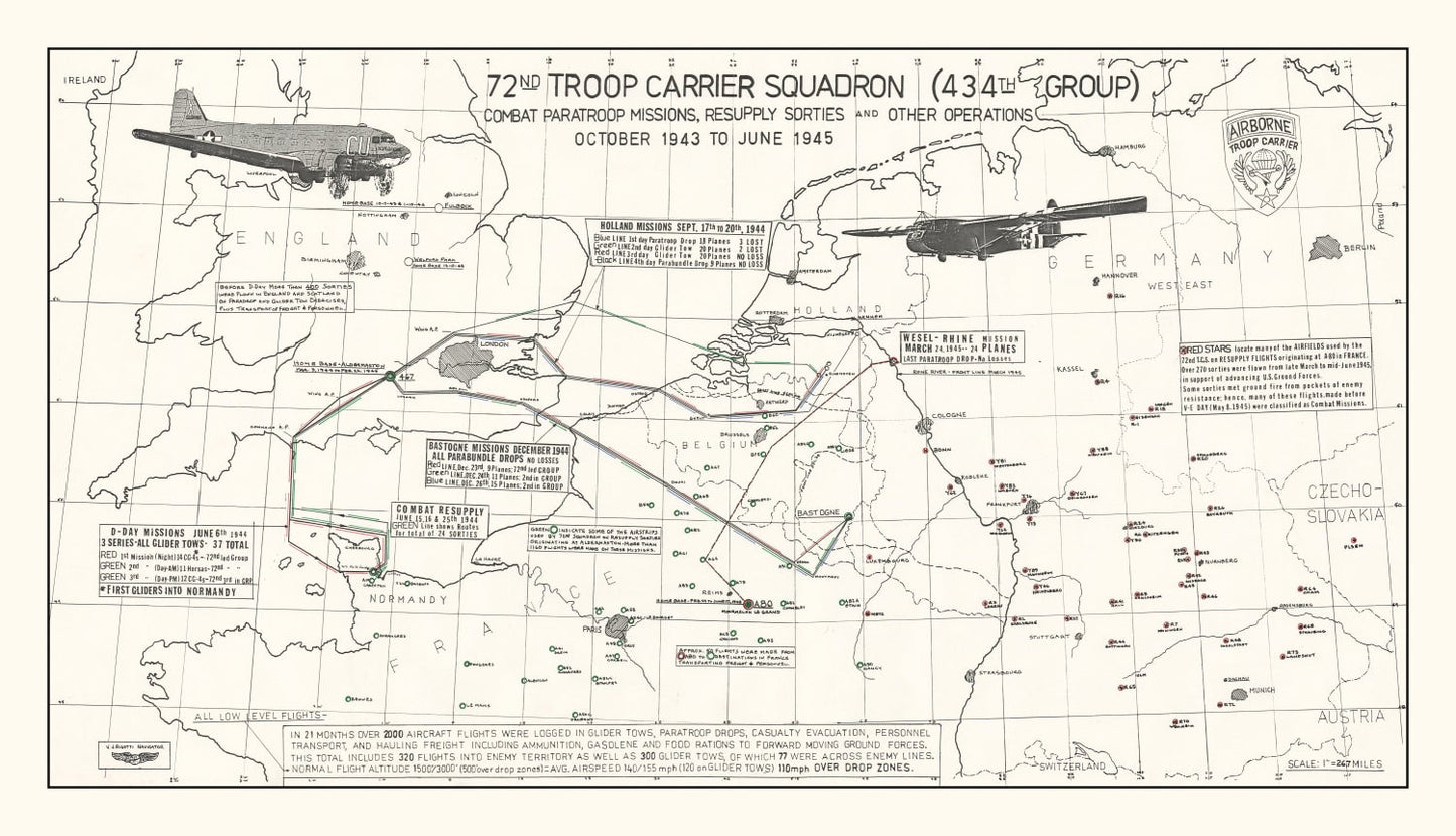 Vintage Map of the 72nd Troop Carrier Squadron Over Europe During WWII Map 1972