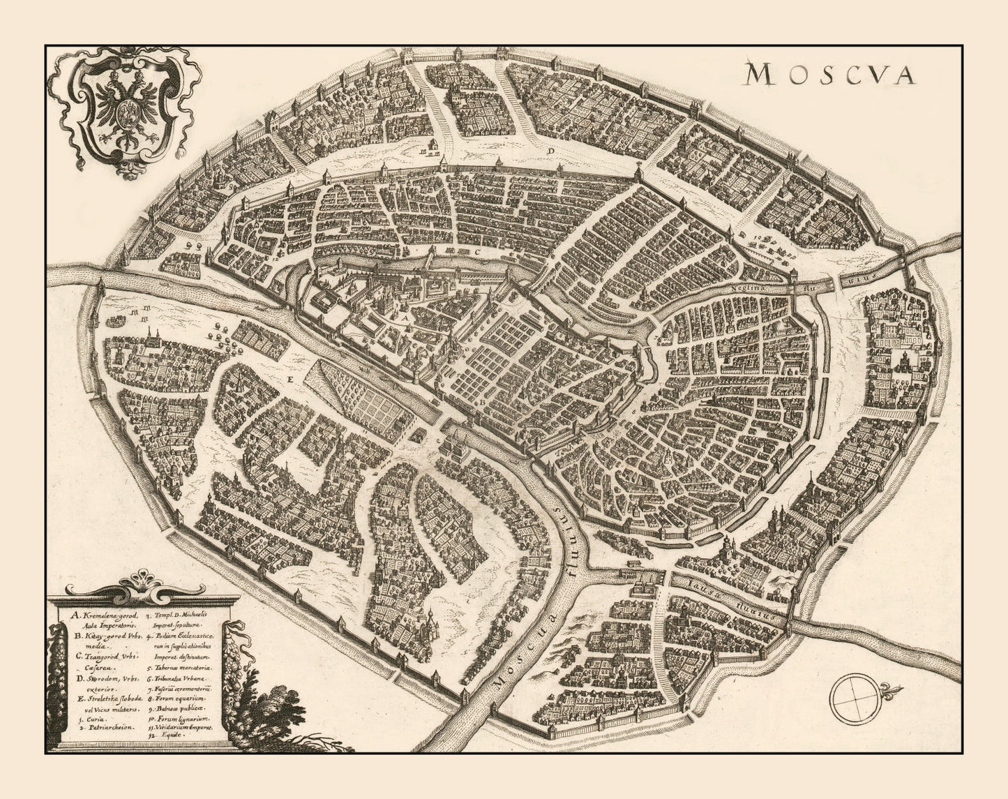 Vintage Map of Moscow, Russia 1646