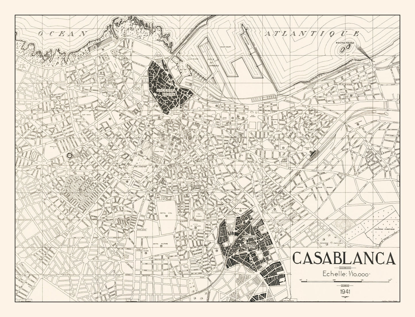 Vintage Map of Casablanca, Morocco 1941
