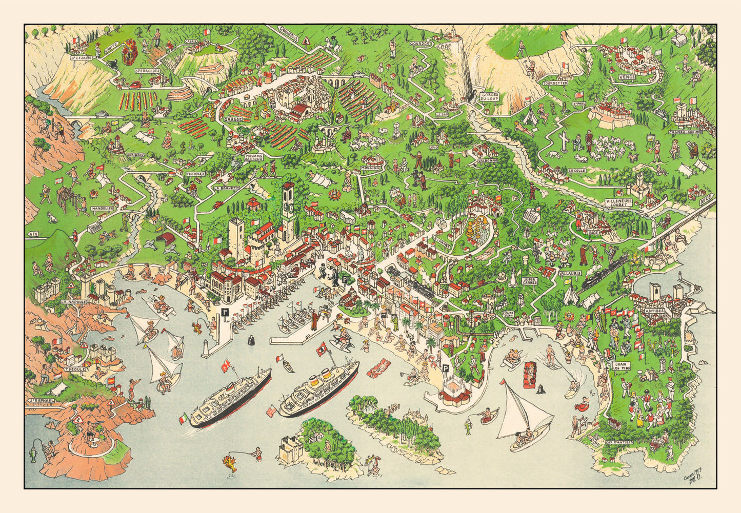 Vintage Map of Cannes, France 1953