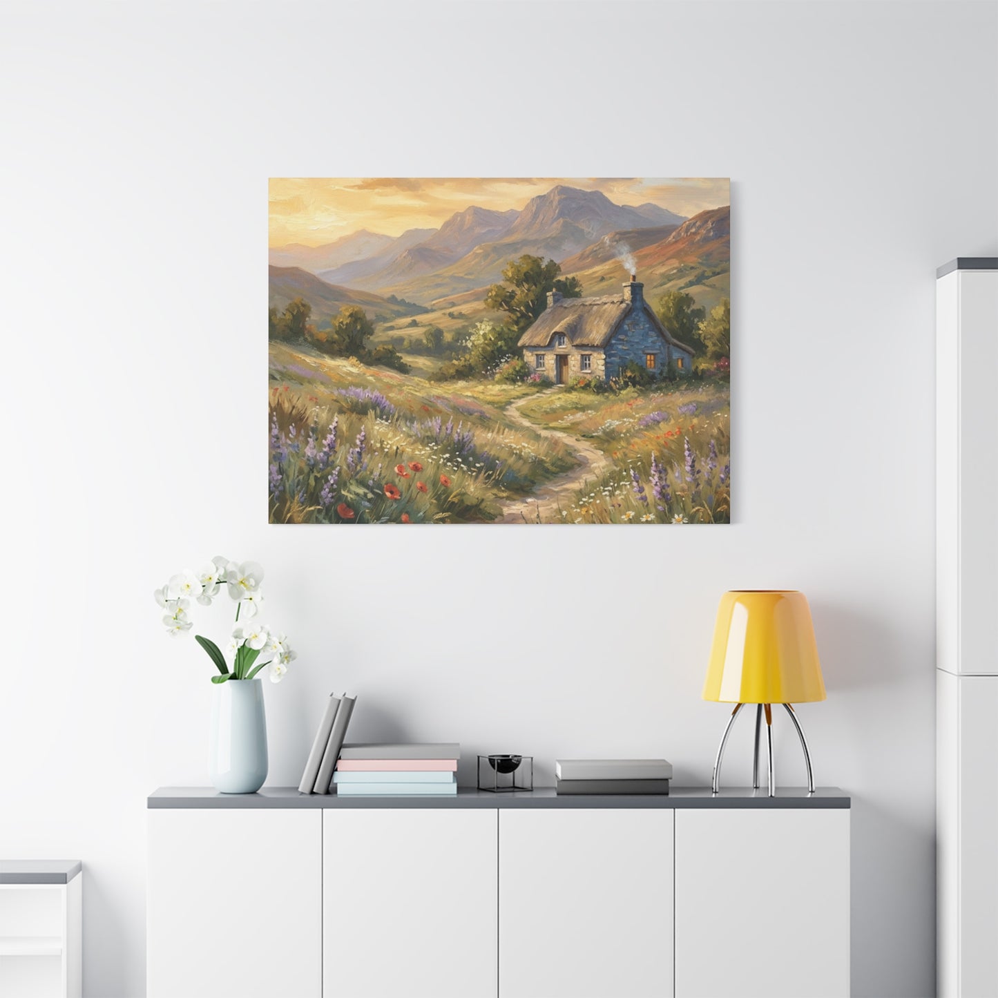 Countryside Cottage Canvas Wall Art — Tranquil Rustic Landscape Print