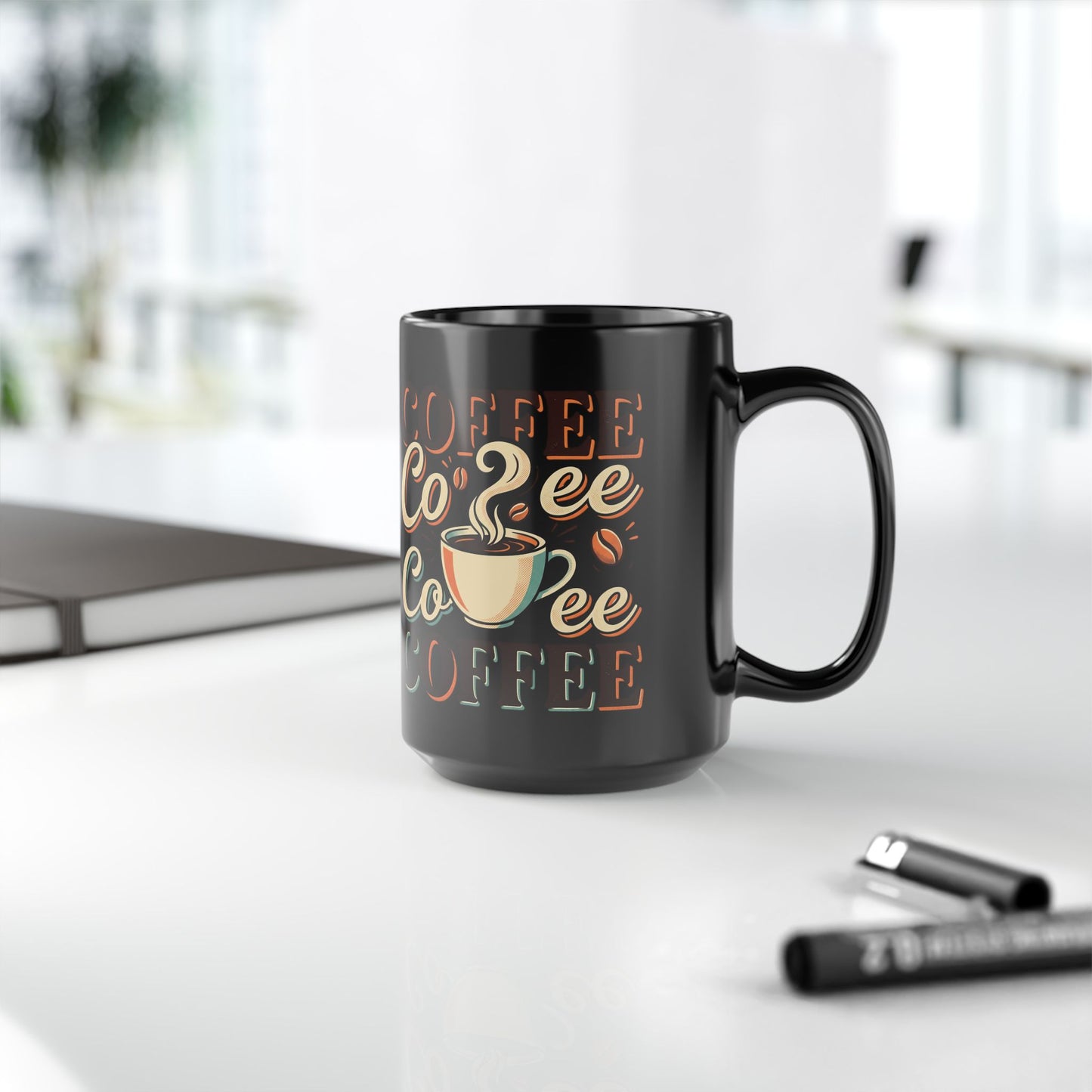 Coffee Lovers Black Mug — Retro 'Coffee' Typography with Steaming Cup (11oz & 15oz)