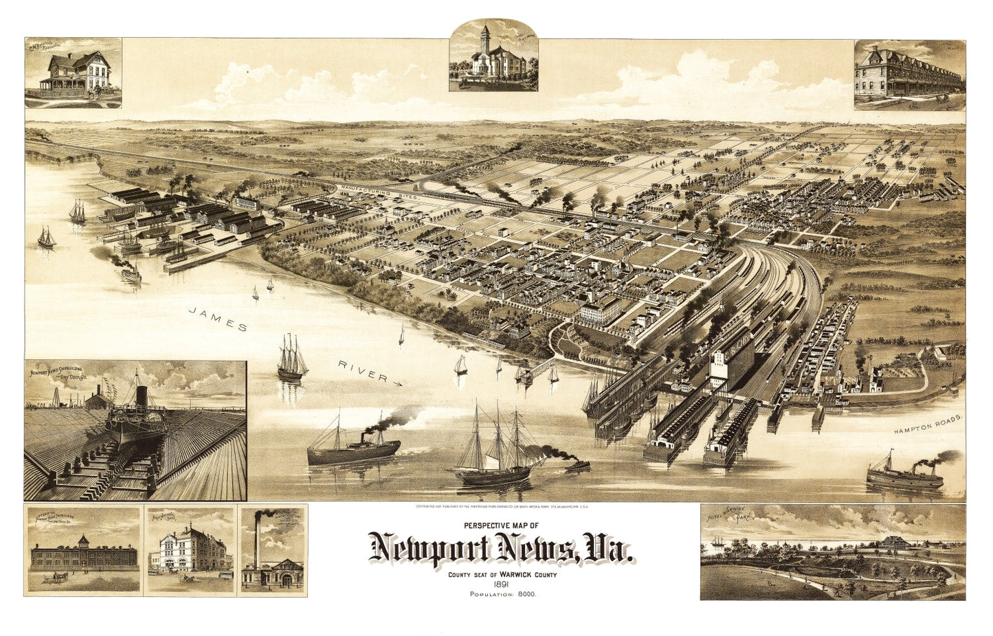Vintage Map of Newport News, Virginia 1891