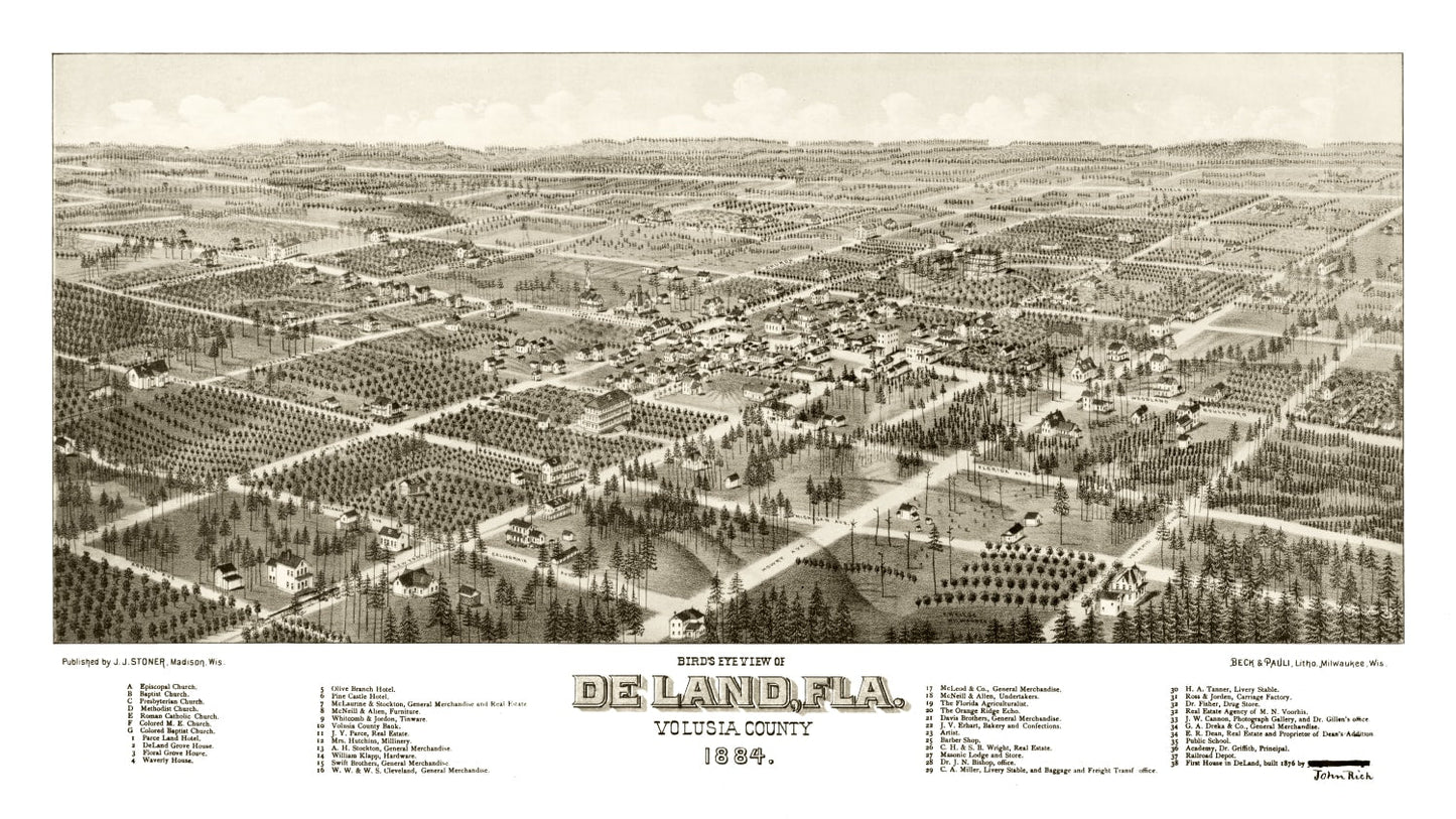 Vintage Map of De Land, Florida 1884