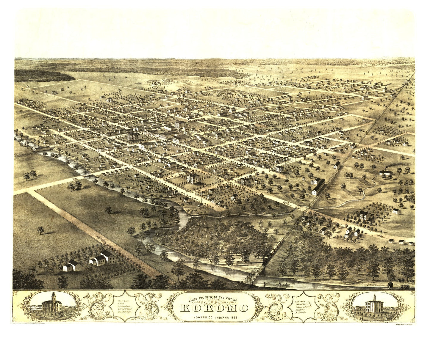 Vintage Map of Kokomo, Indiana 1868