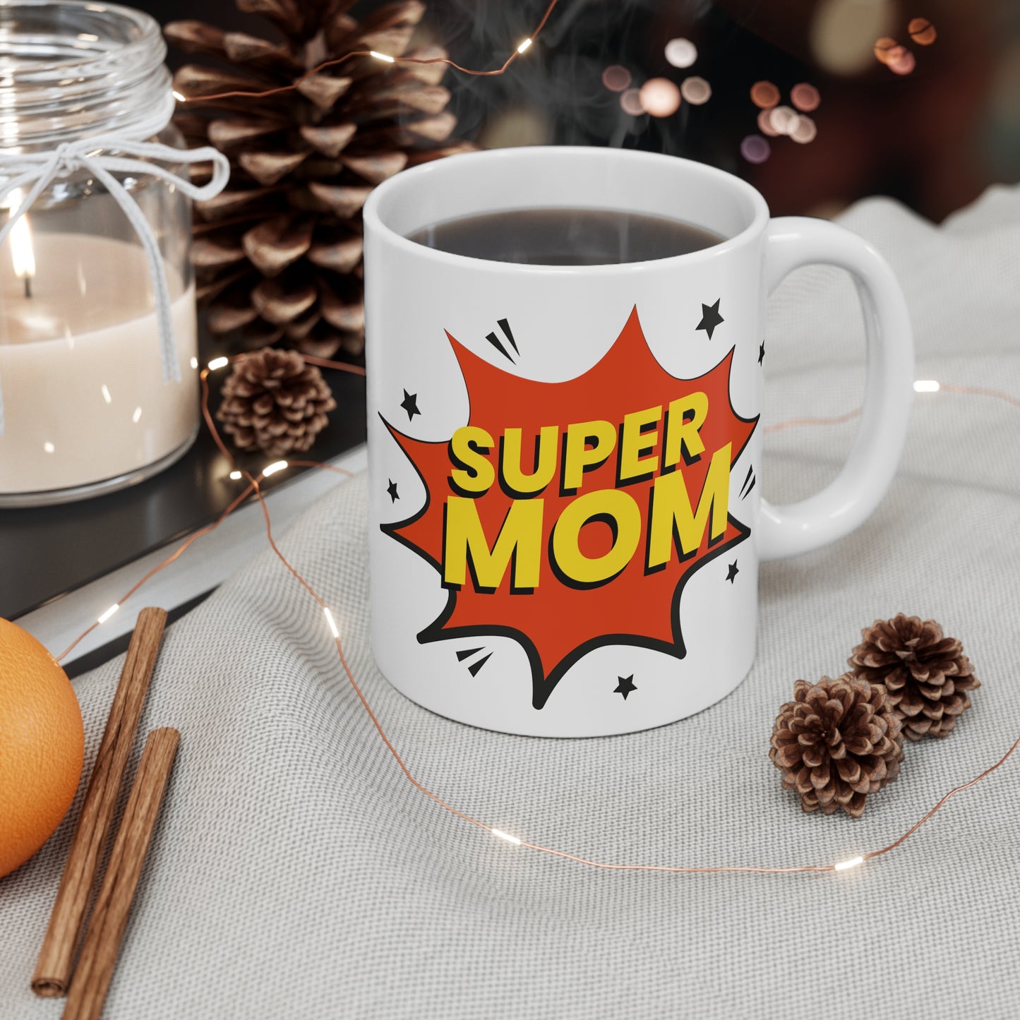 Super Mom Comic Burst Mug — 11oz Gift for Mothers, Mother’s Day Coffee Cup