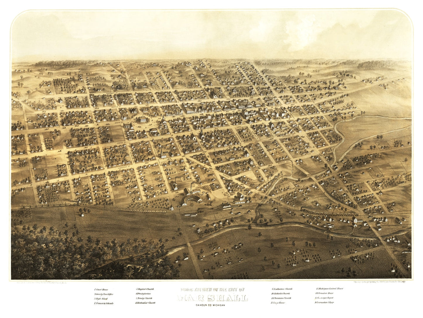 Vintage Map of Marshall, Michigan 1868