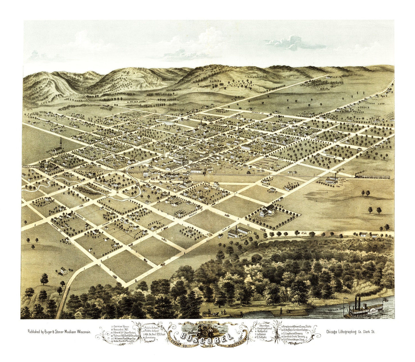 Vintage Map of Boscobel, Wisconsin 1869