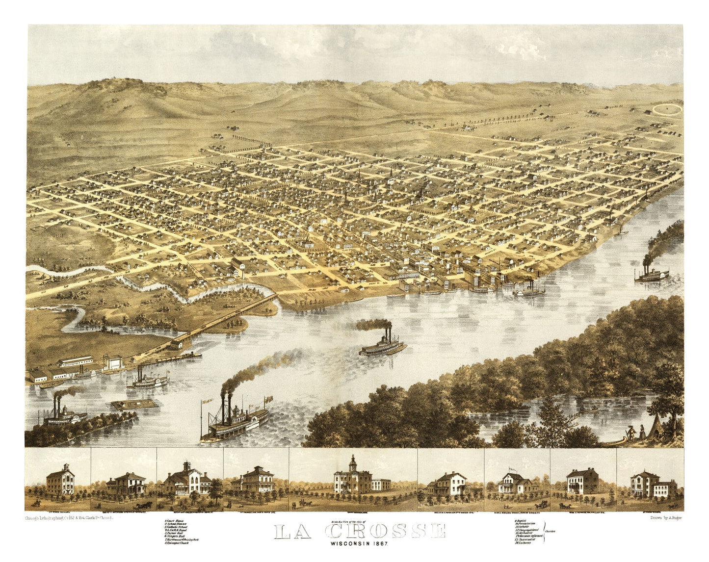 Vintage Map of La Crosse, Wisconsin 1867