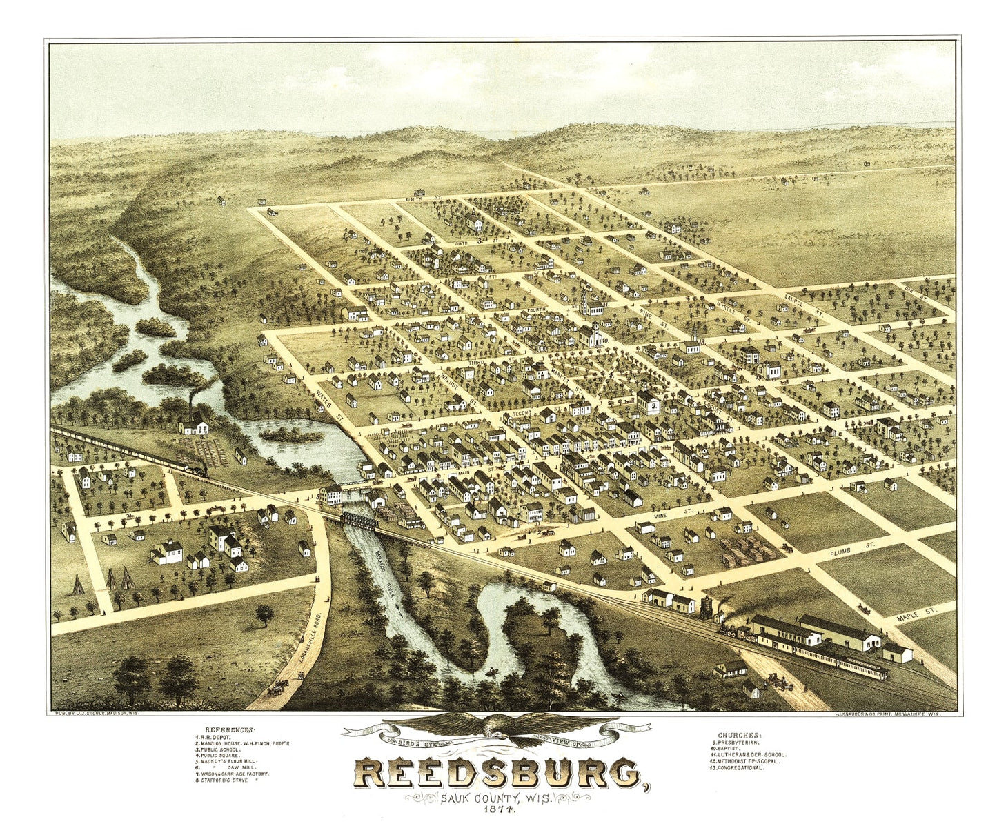 Vintage Map of Reedsburg, Wisconsin 1874