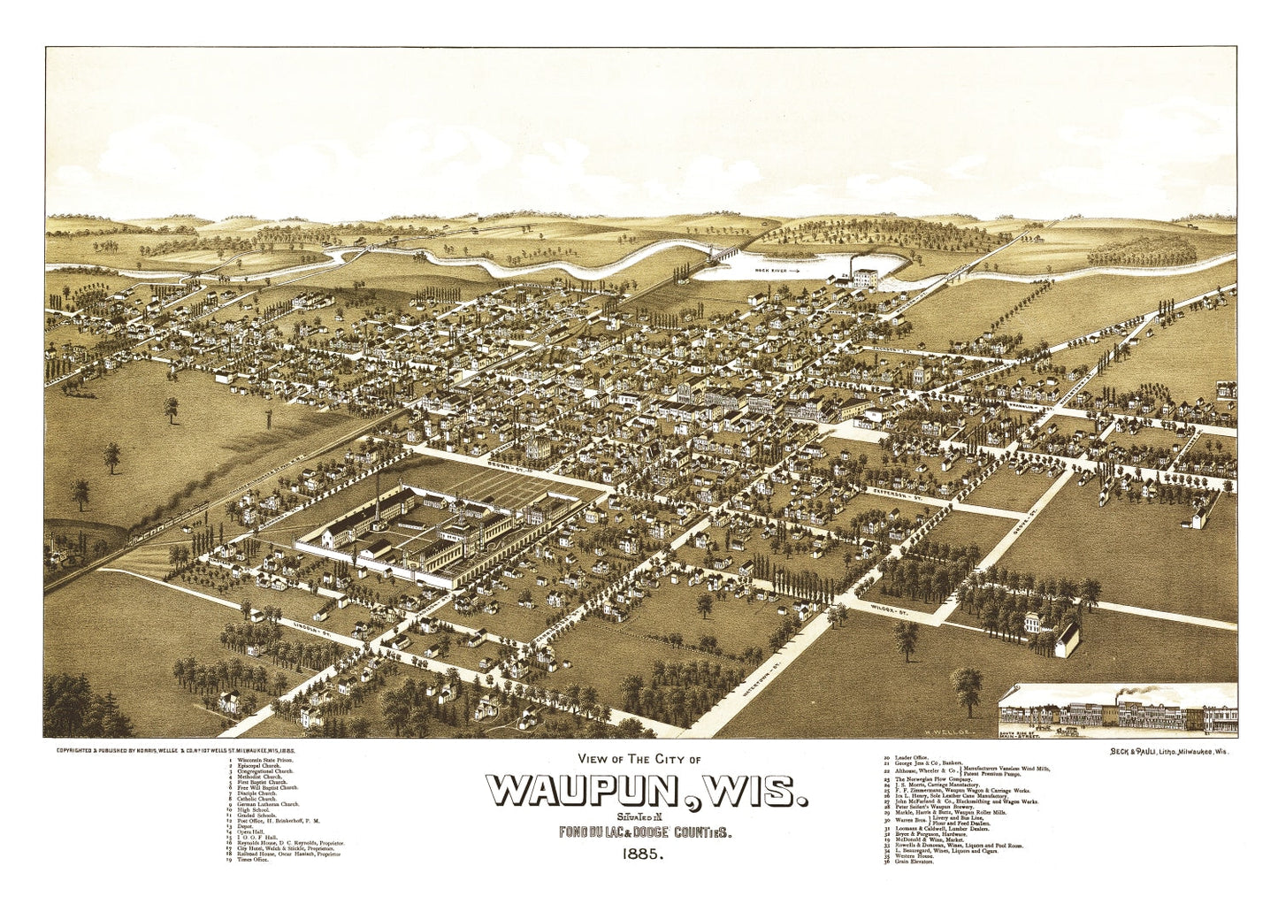 Vintage Map of Waupun, Wisconsin 1885