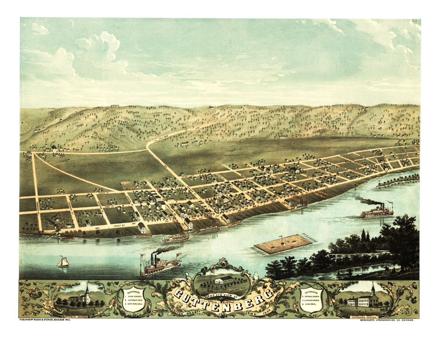 Vintage Map of Guttenberg, Iowa 1869