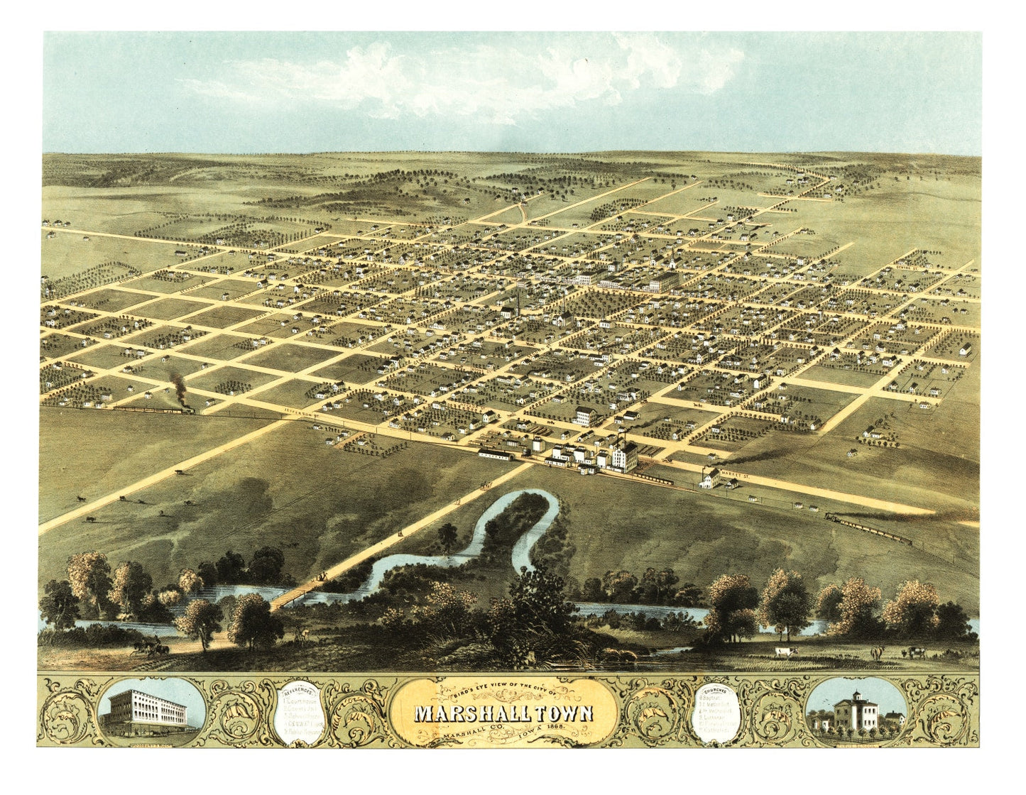 Vintage Map of Marshalltown, Iowa 1868