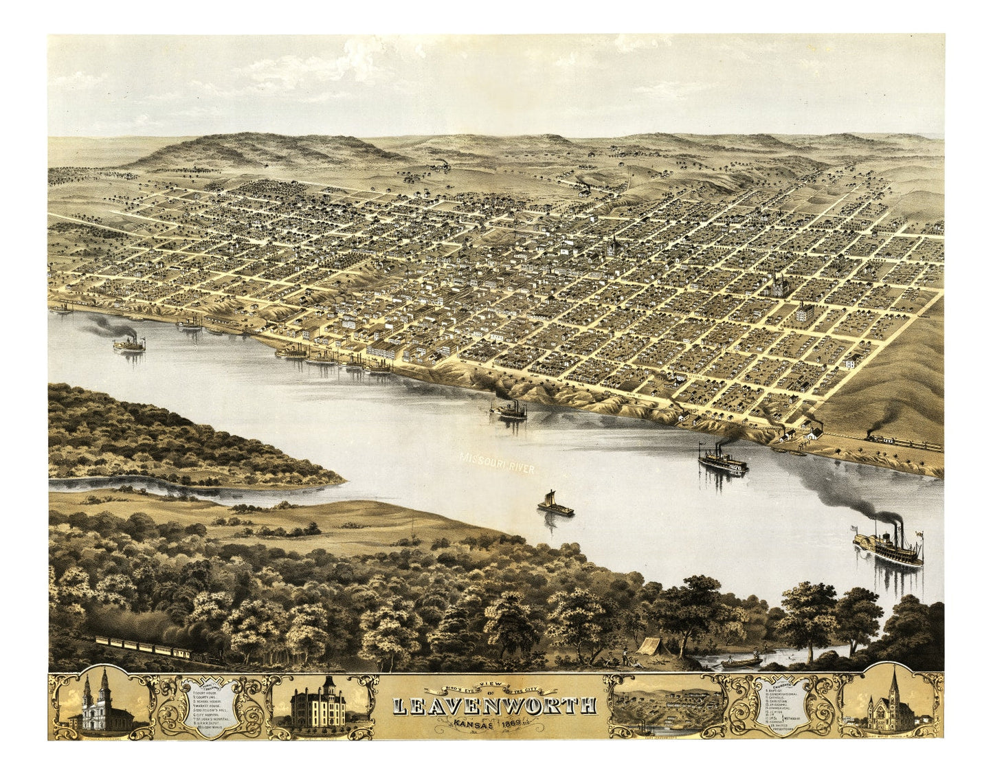 Vintage Map of Leavenworth, Kansas 1869