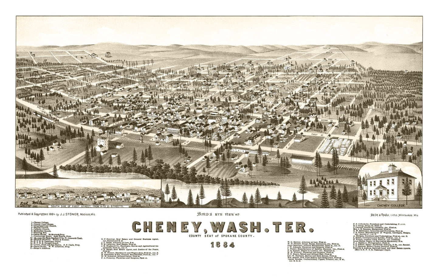 Vintage Map of Cheney, Washington 1884