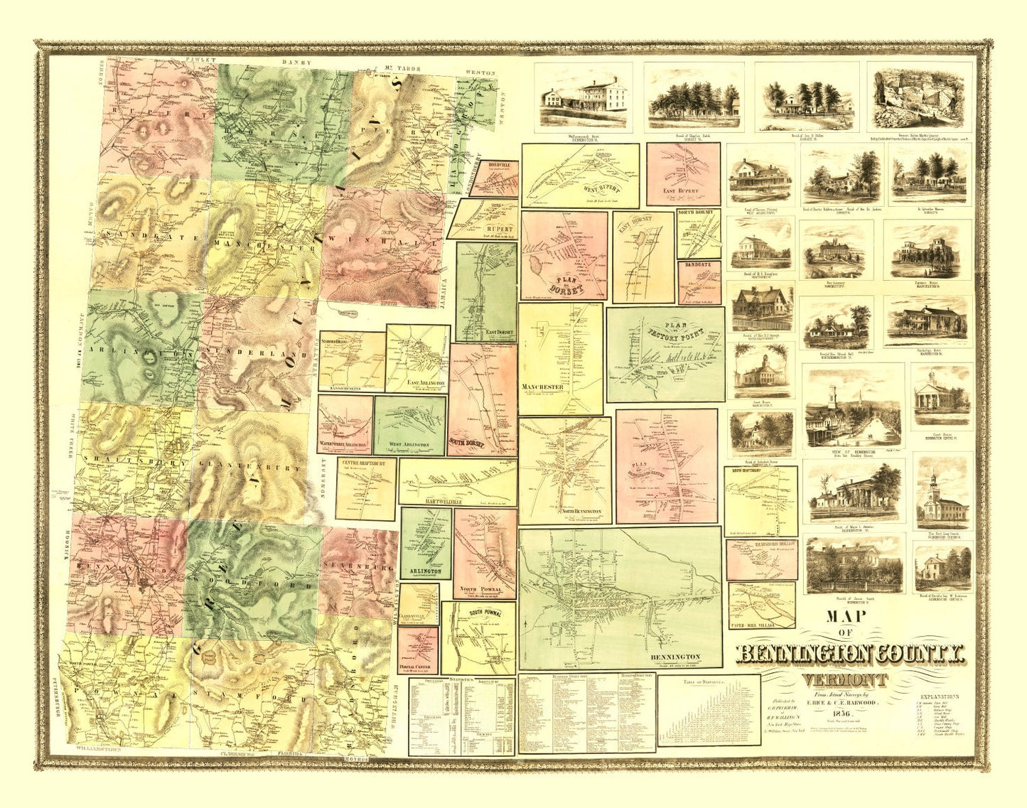 Vintage Map of Bennington County, Vermont 1856