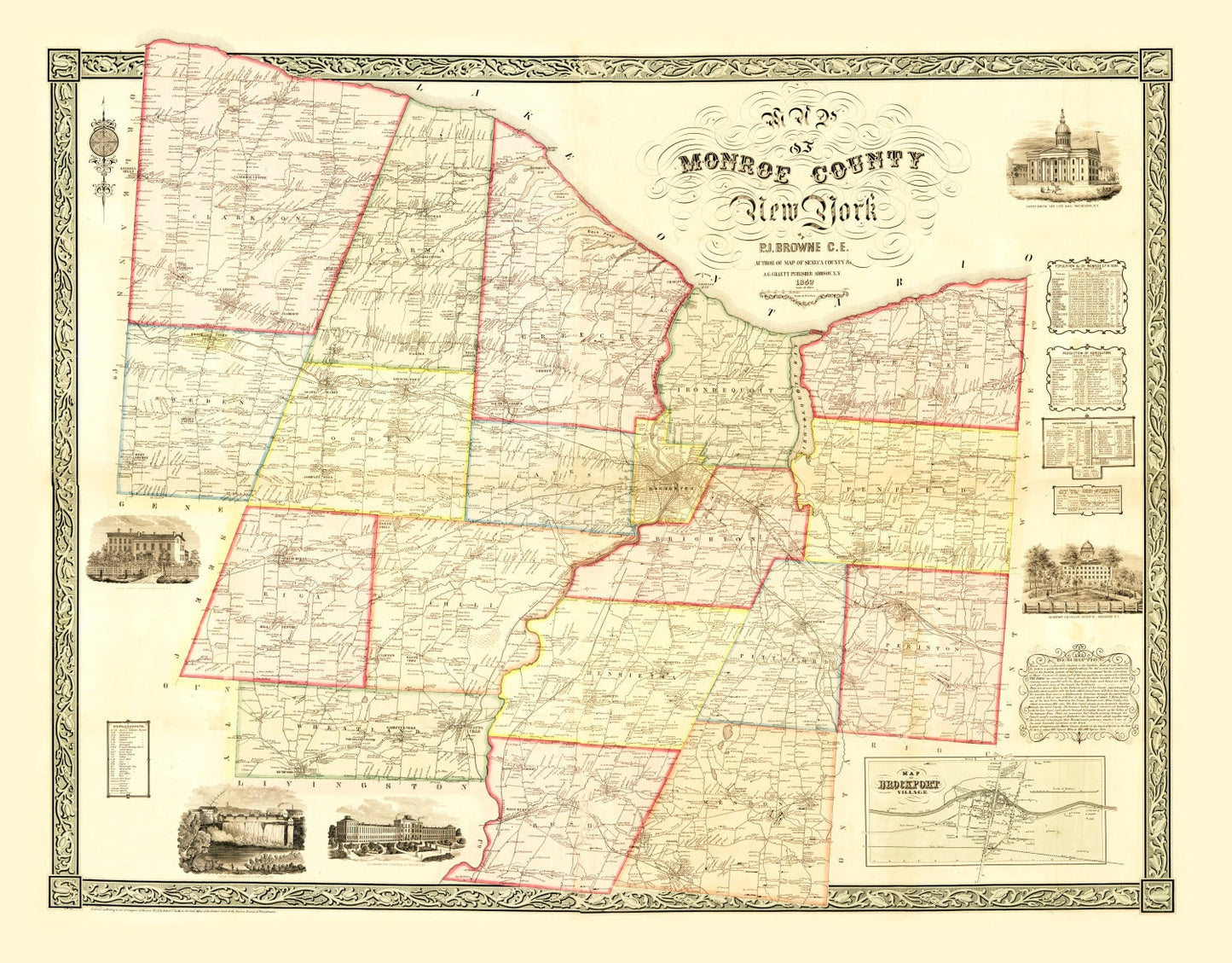 Vintage Map of Monroe County, New York 1852