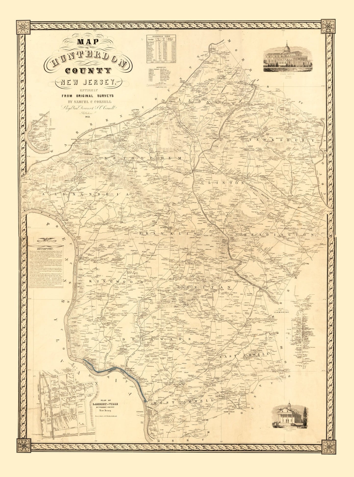 Vintage Map of Hunterdon County, New Jersey 1851